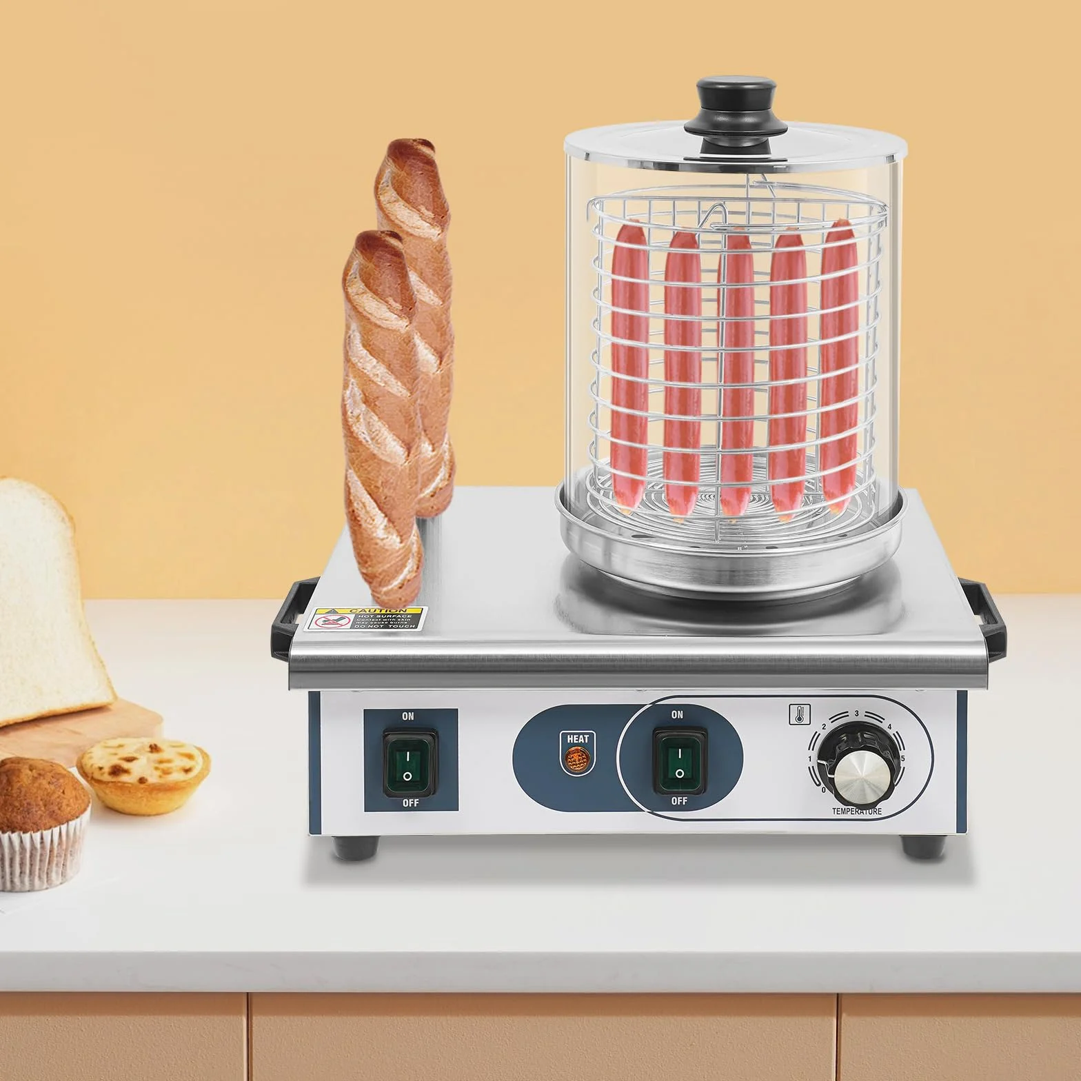 Calentador de perro caliente profesional, calentador de acero inoxidable con capacidad de 6 L y 2 barras de pan, control de temperatura 50-300 °C, potencia de 550 W para comida y fiestas, 37 x 28,5 x