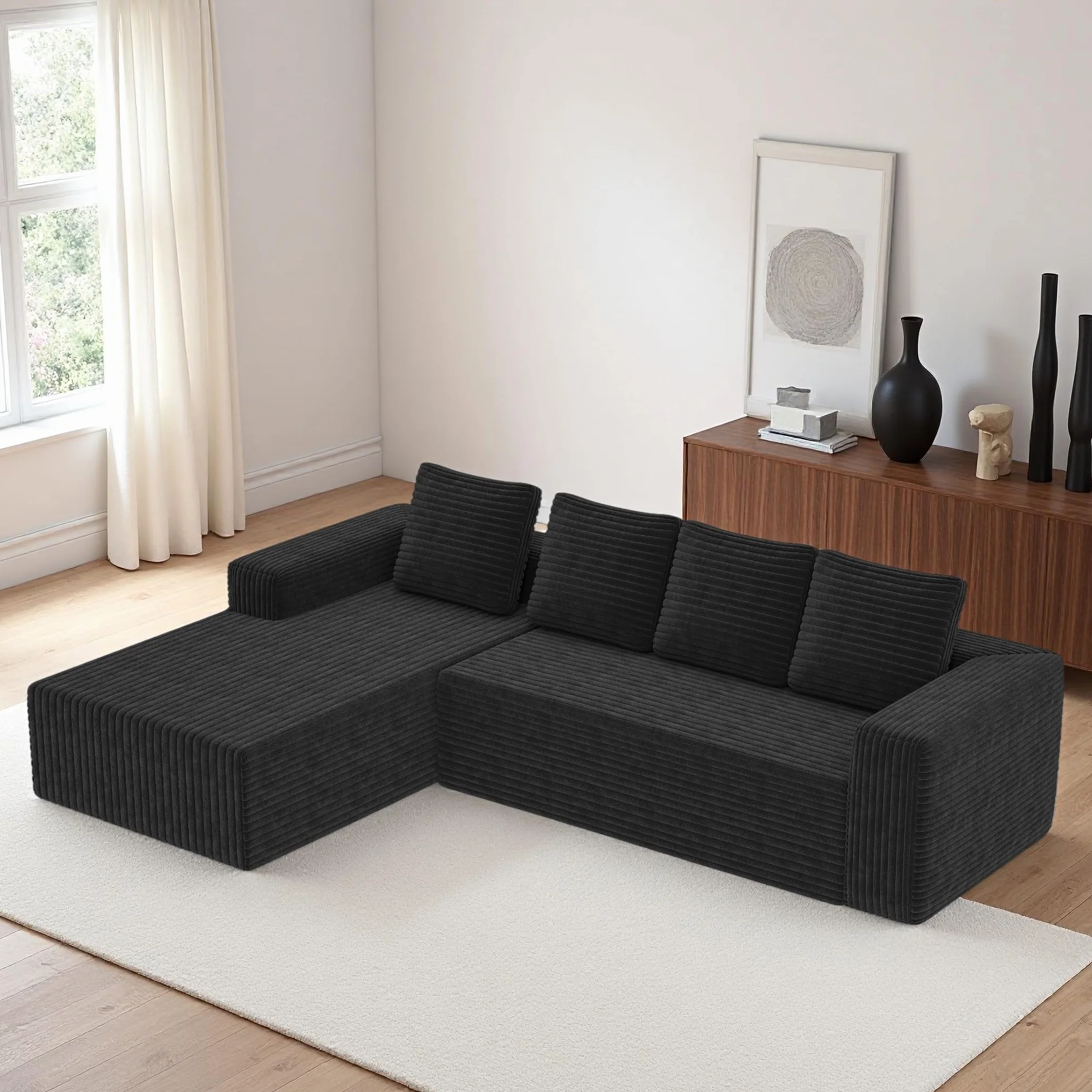 Sapgaks Sofá esquinero, sofá de 4 plazas, sofá de 3 plazas, sofá modular comprimido con chaise longue en forma de L, no requiere montaje (más pana negro)