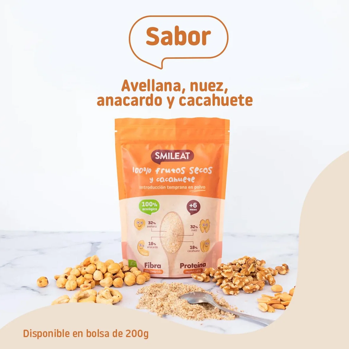 Smileat Snack de Frutos Secos y Cacahuetes Molidos Ecológico Sin Azúcar Añadido Sin Gluten 200g