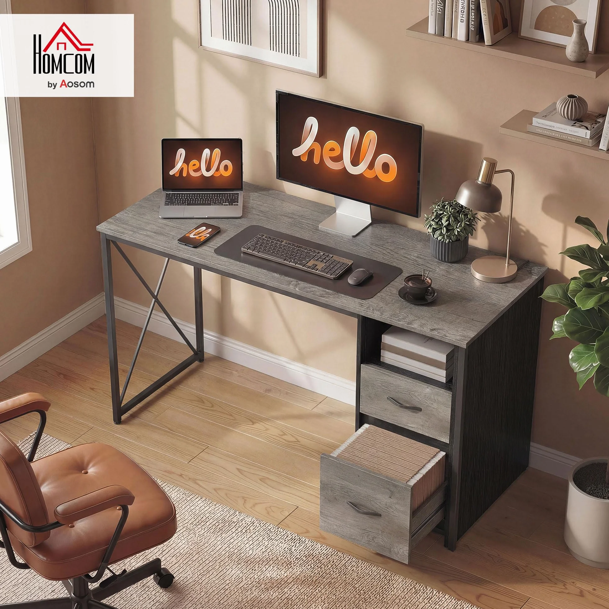 HOMCOM Mesa de Ordenador, 120x50 cm, Escritorio de Ordenador Industrial con Compartimento y 2 Cajones, para A4, Cartas, para Oficina, Estudio, Gris Claro