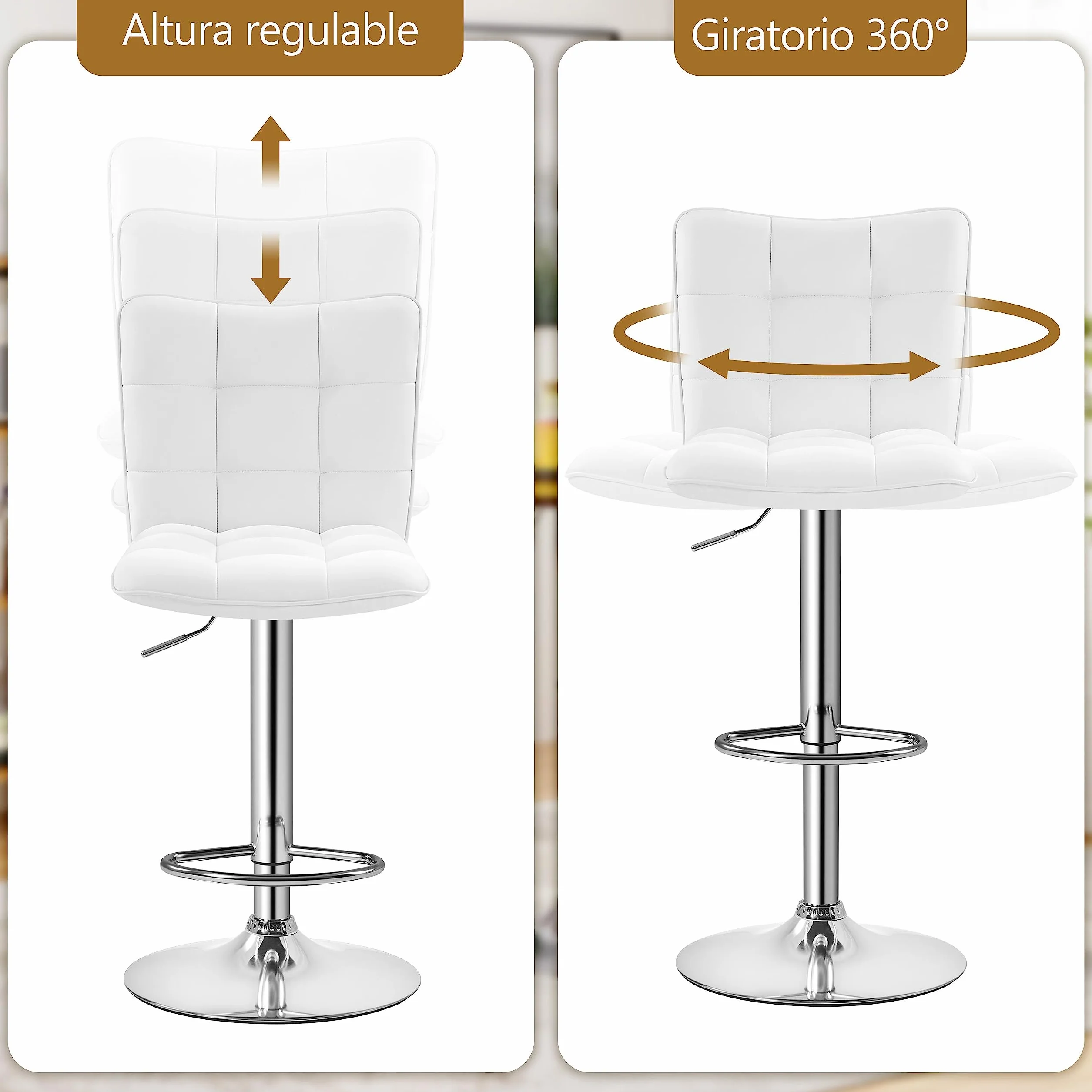 Yaheetech Juego de 2 Taburetes de Bar Taburetes Altos con Respaldo Regulable en Altura y Giratorio 360°, Estructura Metal y Reposapiés, Blanco