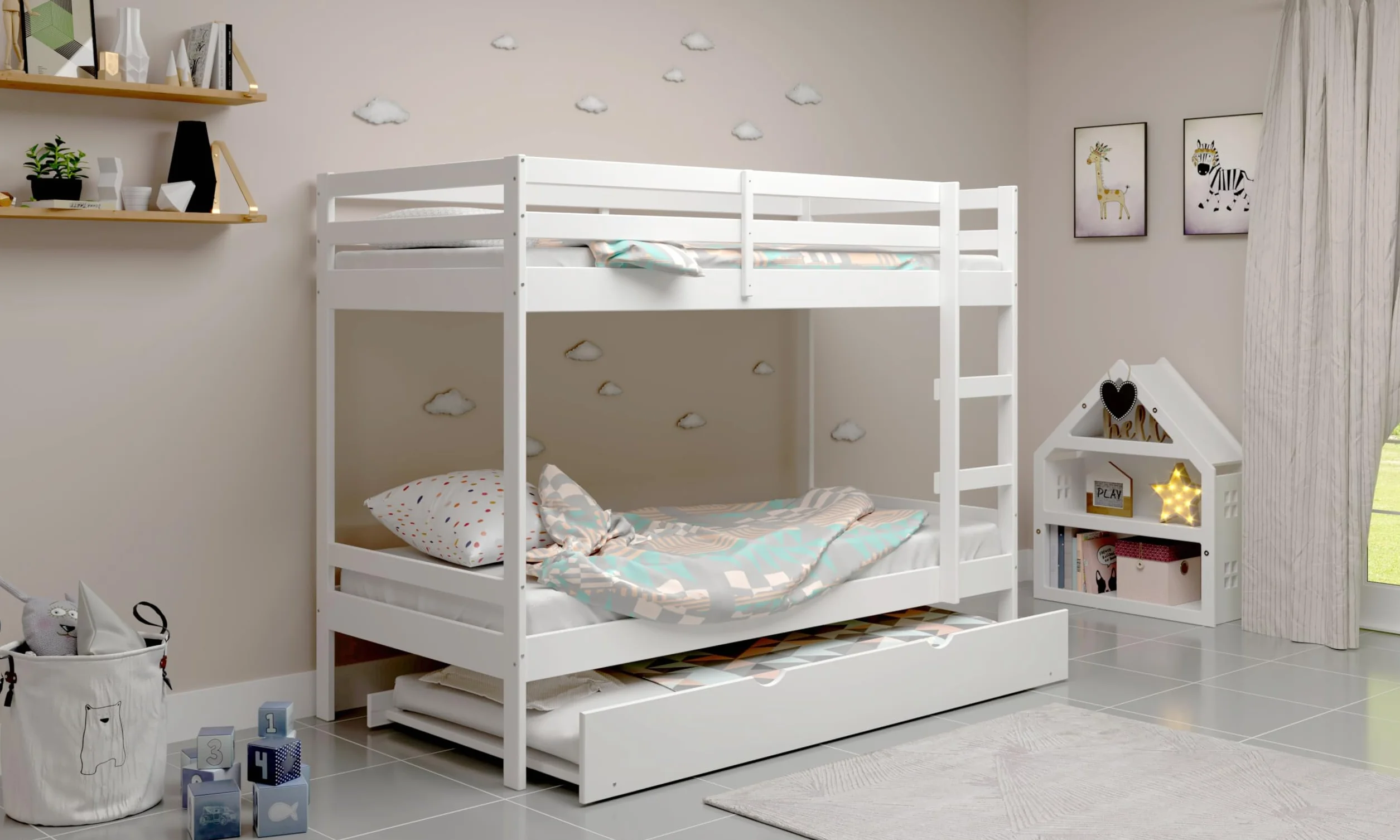 Litera Infantiles Madera Maciza Tres Camas Escalera 90x190 cm