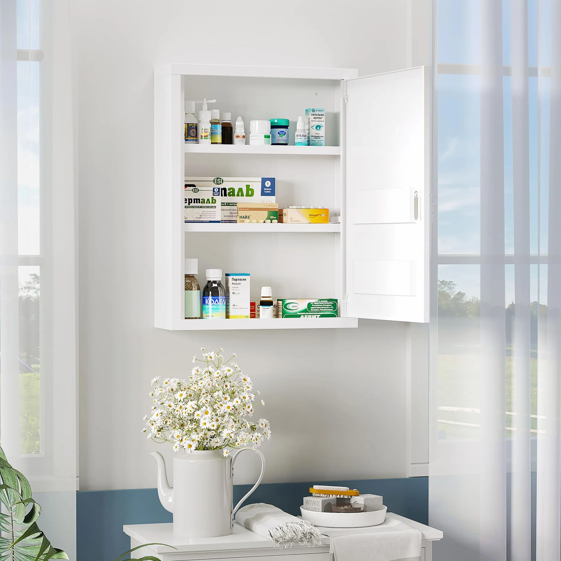 Kleankin Botiquín de Pared de Acero 3 Niveles Armario con Cerradura 40x15x53,5 cm Blanco