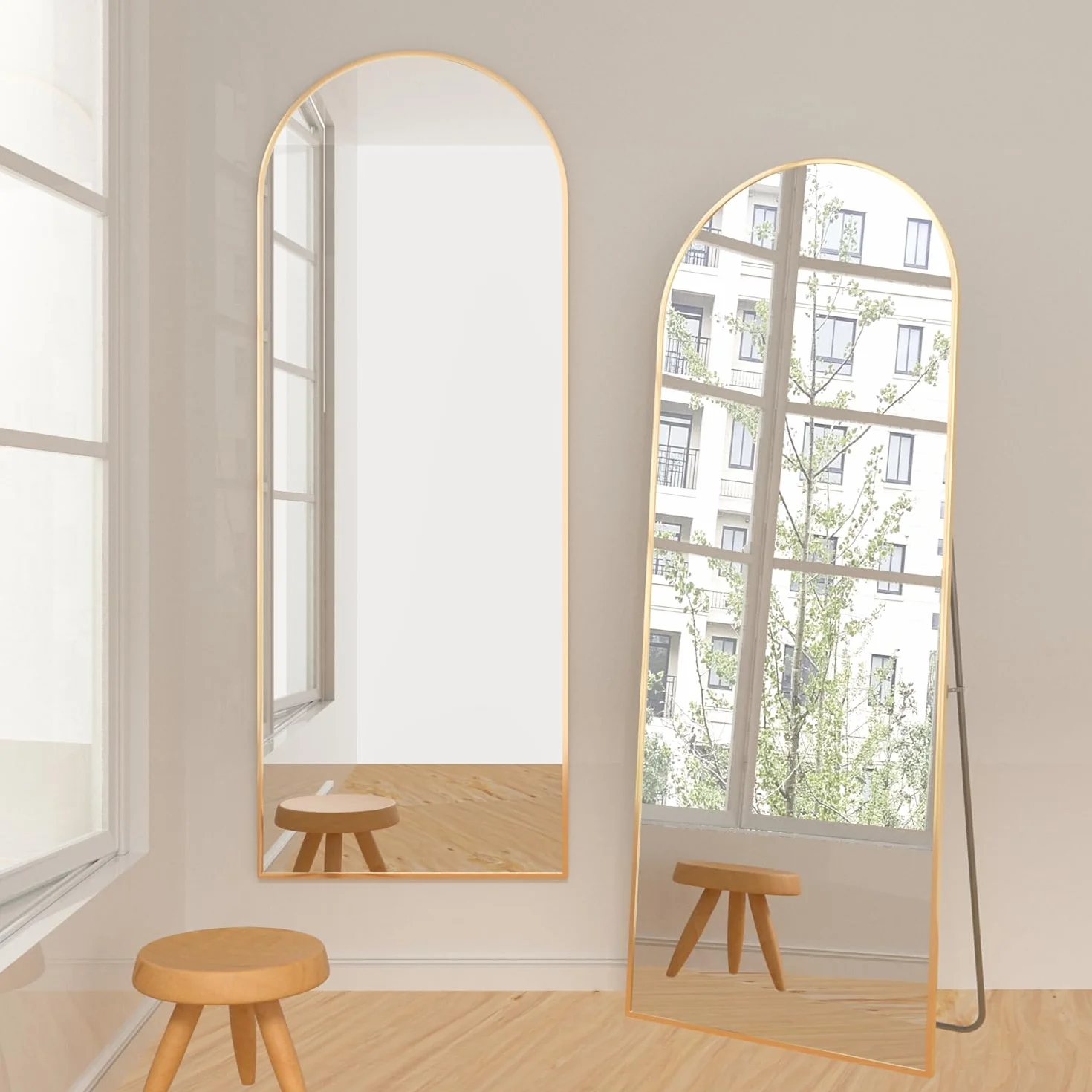 Arqueado Espejo de Cuerpo Entero, 162X53cm Espejo de Suelo arqueado con Soporte, Espejo de Pared Grande, Dorado Colgado de pie o apoyado contra la Pared para Entrada de Dormitorio