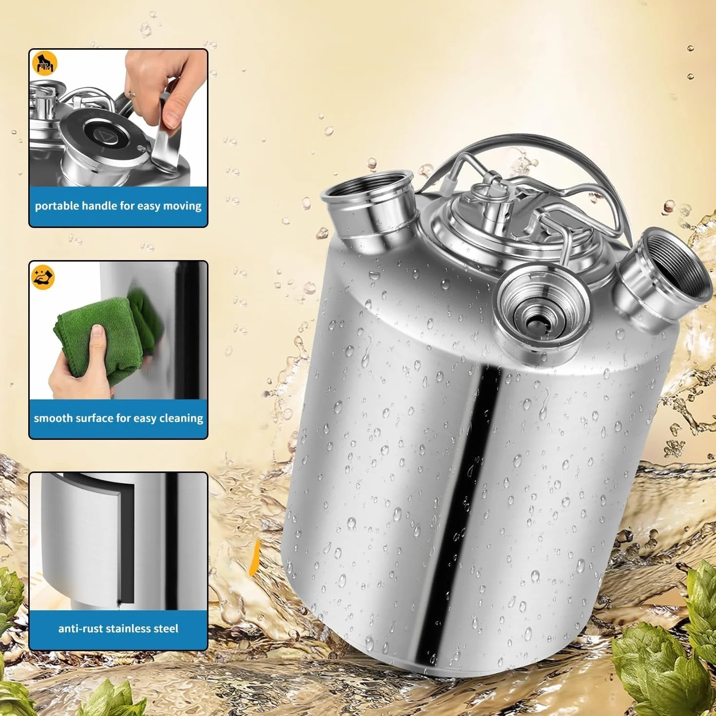 Barril de Limpieza de Cerveza de Acero Inoxidable, 10L 3 Cabezales Recipiente de Limpieza de Cerveza con Tapa, Apto para barriles de A y G y S, para Cerveza Casera, Bar de Hotel