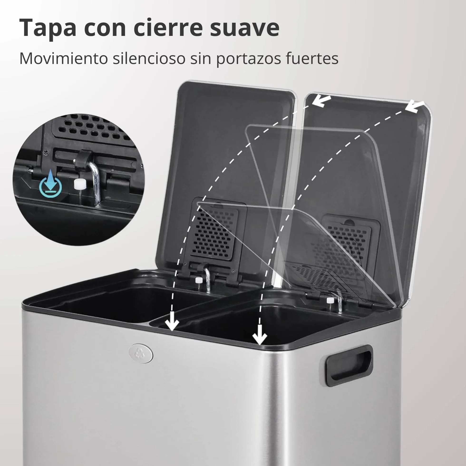 Cubo de Basura para Cocina 2 x 30L (60L), Cubo de Reciclaje Doble, de Acero Inoxidable Antihuella, Tapa de Cierre Suave y Pedal, Incluye 20 Bolsas de Basura, Compartimentos Separados