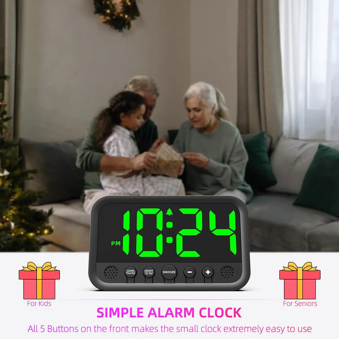 Despertador digital LED grande, alarma fuerte, enchufe eléctrico, volumen y brillo ajustables, repetición, 12/24 horas