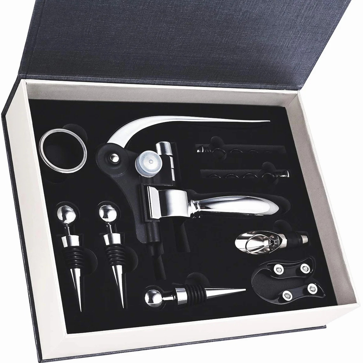 Faburo Sacacorchos Vino Profesional, Abridor de Vino, Abridor de Botellas, Wine Opener con Vino Accesorios, Cortador, Vertedor, Bague Anti-goteo, Tapones, Espirales y Caja, Regalos Navidad Originales