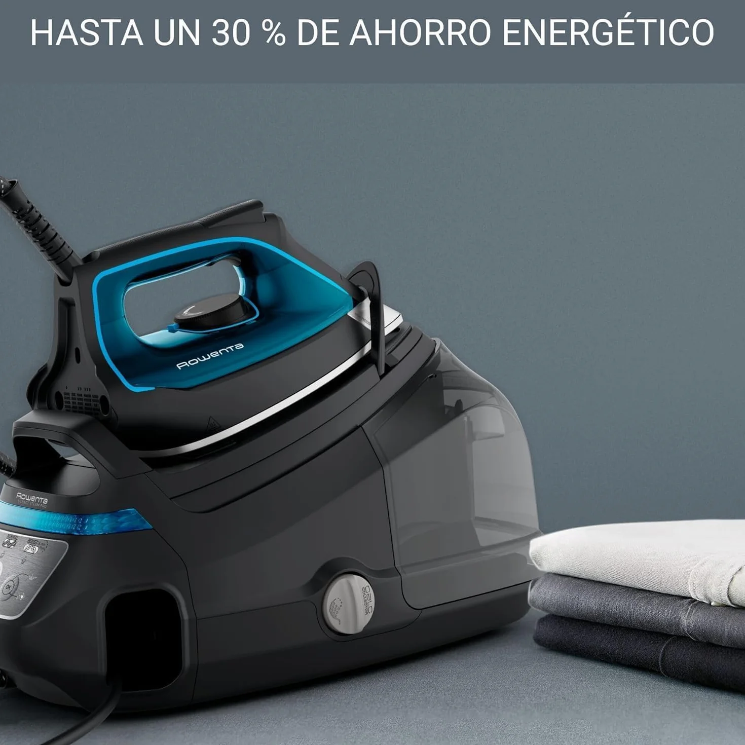 Rowenta Silence Steam Pro, Centro de planchado vertical, 7.5 bares, golpe de vapor de 480g/min, tecnología silenciosa, desinfecta, vapor con caldera, Color Gris y Azul, DG9160