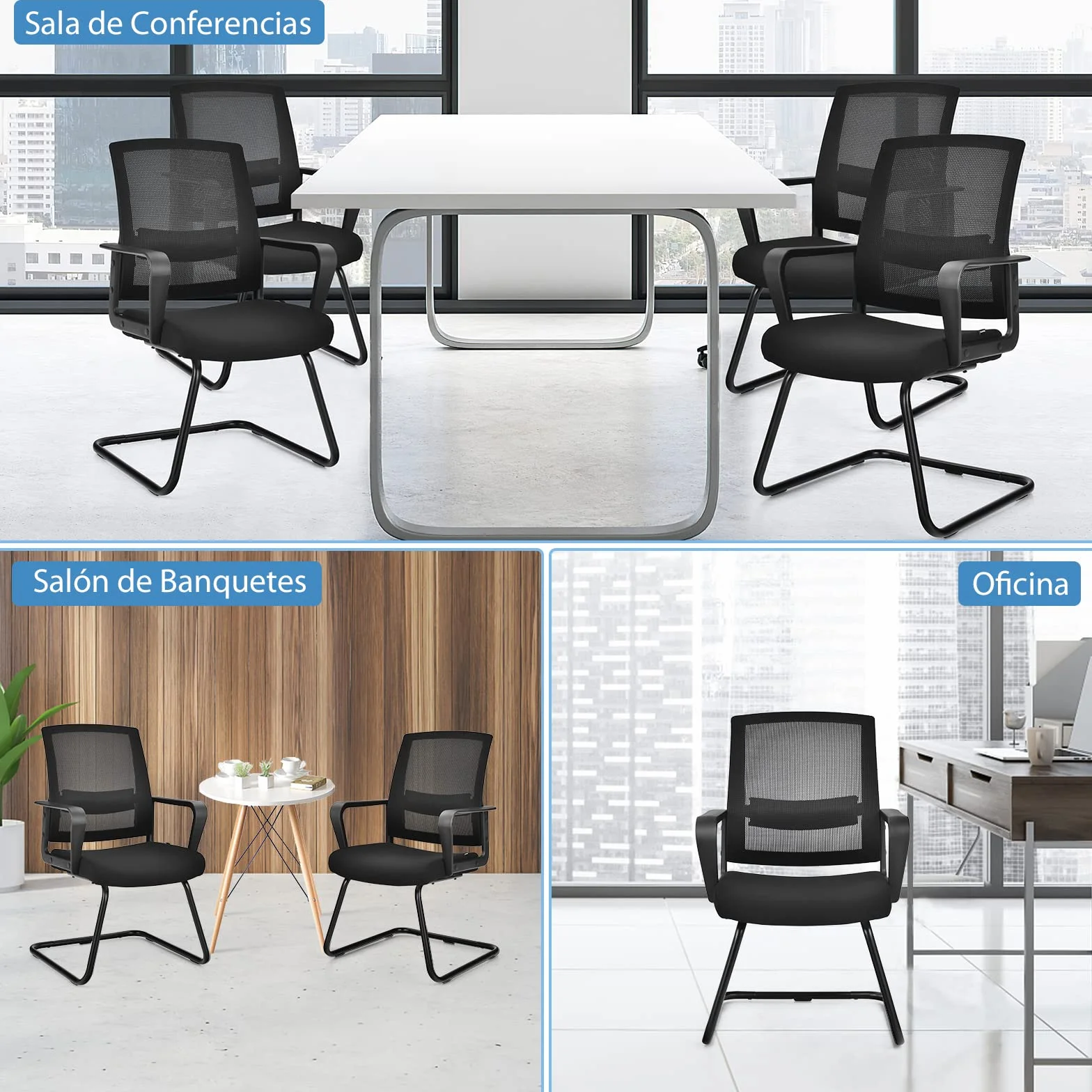 COSTWAY Silla de Conferencia, Silla de Reunión con Base Resistente Forma de Trineo, Sillas Cantilever Respaldo Ergonómico y Asiento Acolchado, Soporte Lumbar Regulable y Reposabrazos (estilo1, 1)