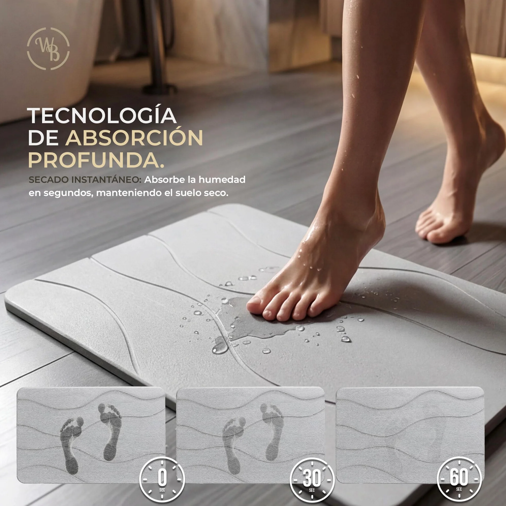 Alfombra Diatomita Baño Fast Dry 60x40 Antideslizante Antibacteriana Gris Stone Bath Mat