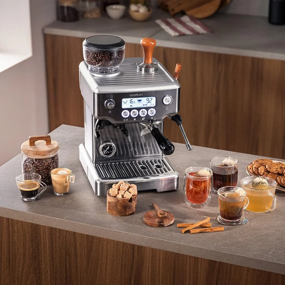 Cecotec Cafetera Express Barista Power Espresso 20 Barista Steel & Grind. 2200W, 20Bares, Molinillo Cónico, 2.1L Depósito Agua, 180g Café, 30 Niveles, Thermoblock, Doble Brazo, Accesorios Incluidos