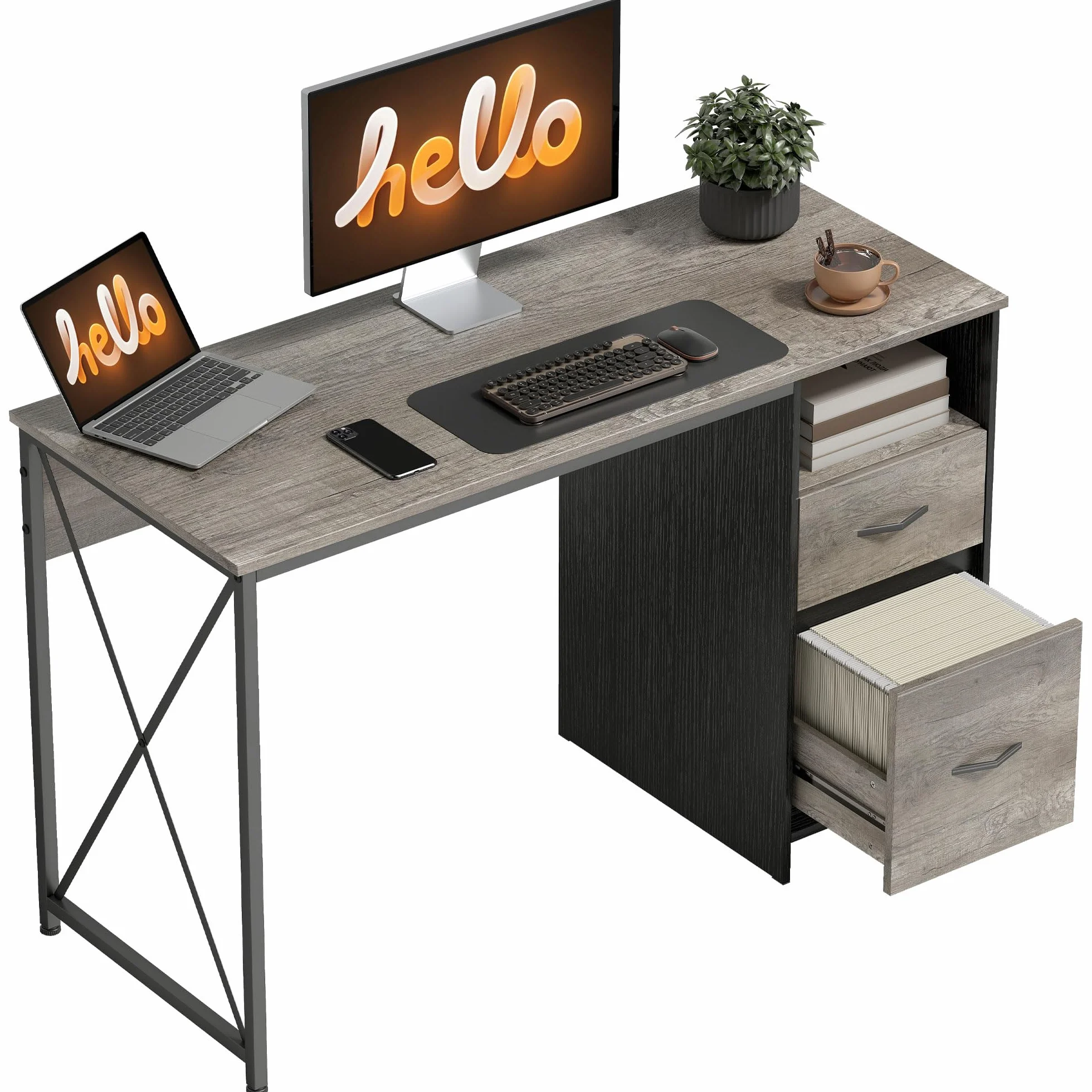 HOMCOM Mesa de Ordenador, 120x50 cm, Escritorio de Ordenador Industrial con Compartimento y 2 Cajones, para A4, Cartas, para Oficina, Estudio, Gris Claro