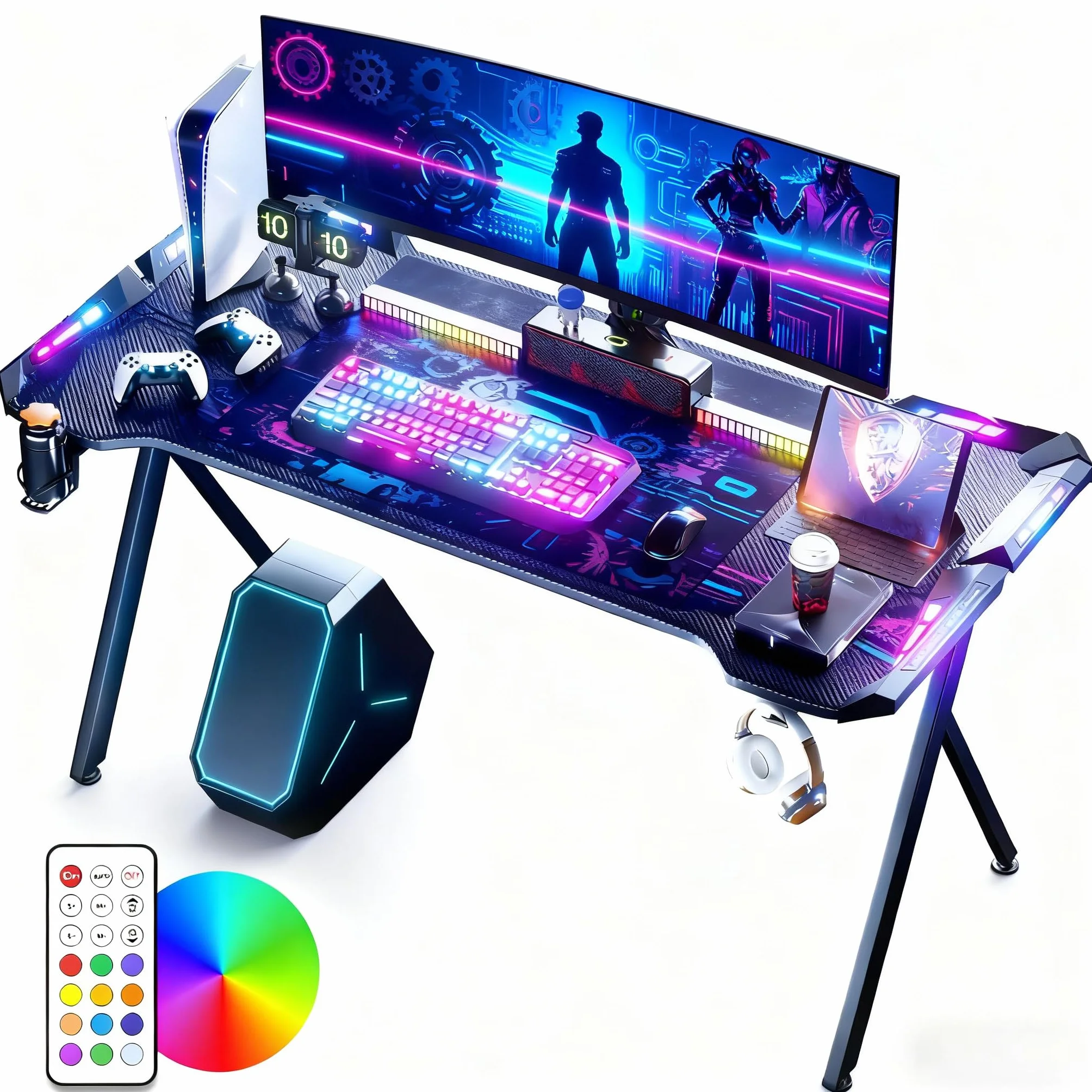 LZQ Mesa de juegos con LED RGB 140 x 60 cm, escritorio ergonómico para gamer PC con superficie de fibra de carbono, mesa de juegos RGB con mando a distancia y gancho para auriculares, color negro
