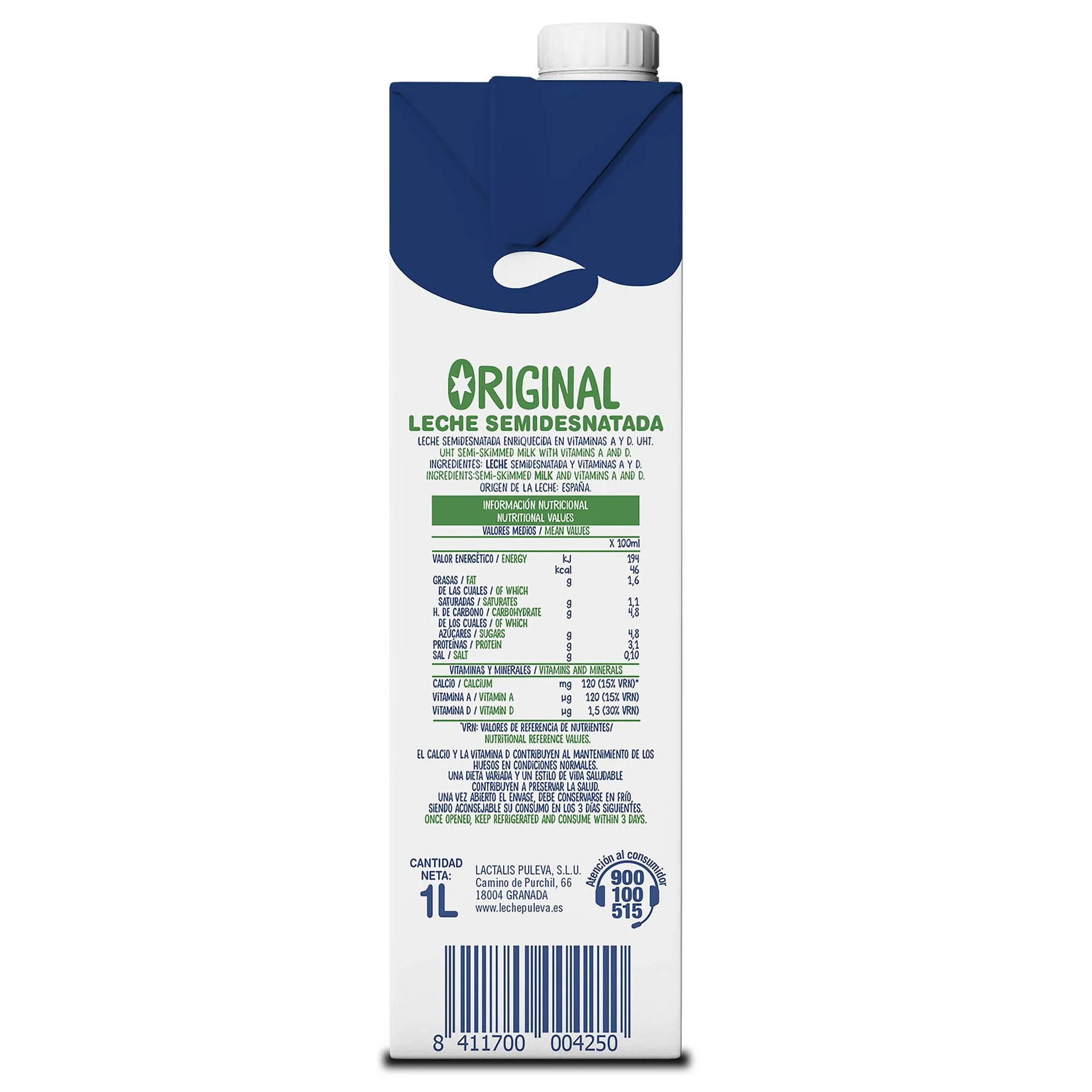 Puleva Original Leche Semidesnatada con Vitaminas A y D Sin Azúcar Añadido Sin Gluten Brik UHT Pack 6 x 1L