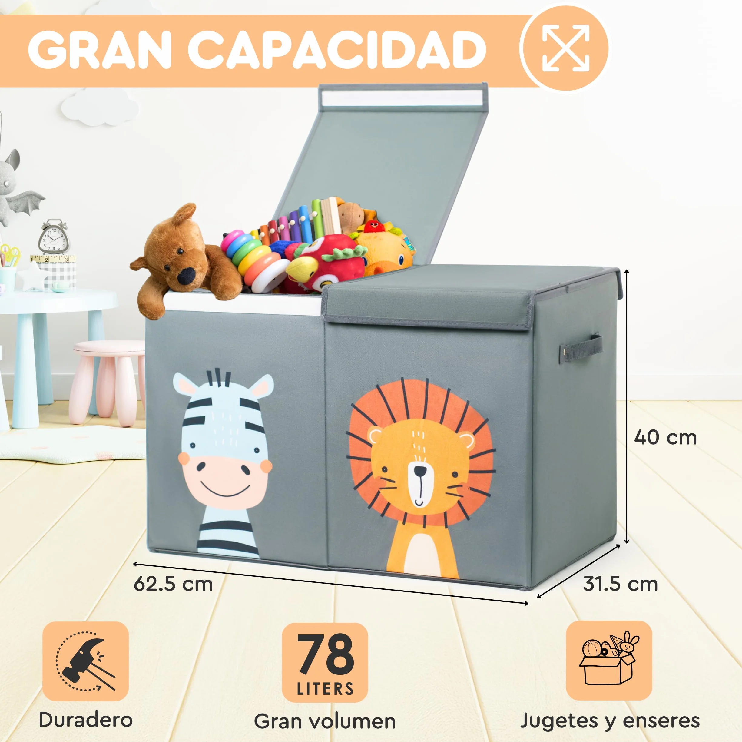 Caja de Almacenaje de Juguetes Plegable 78L Tela Oxford Gris