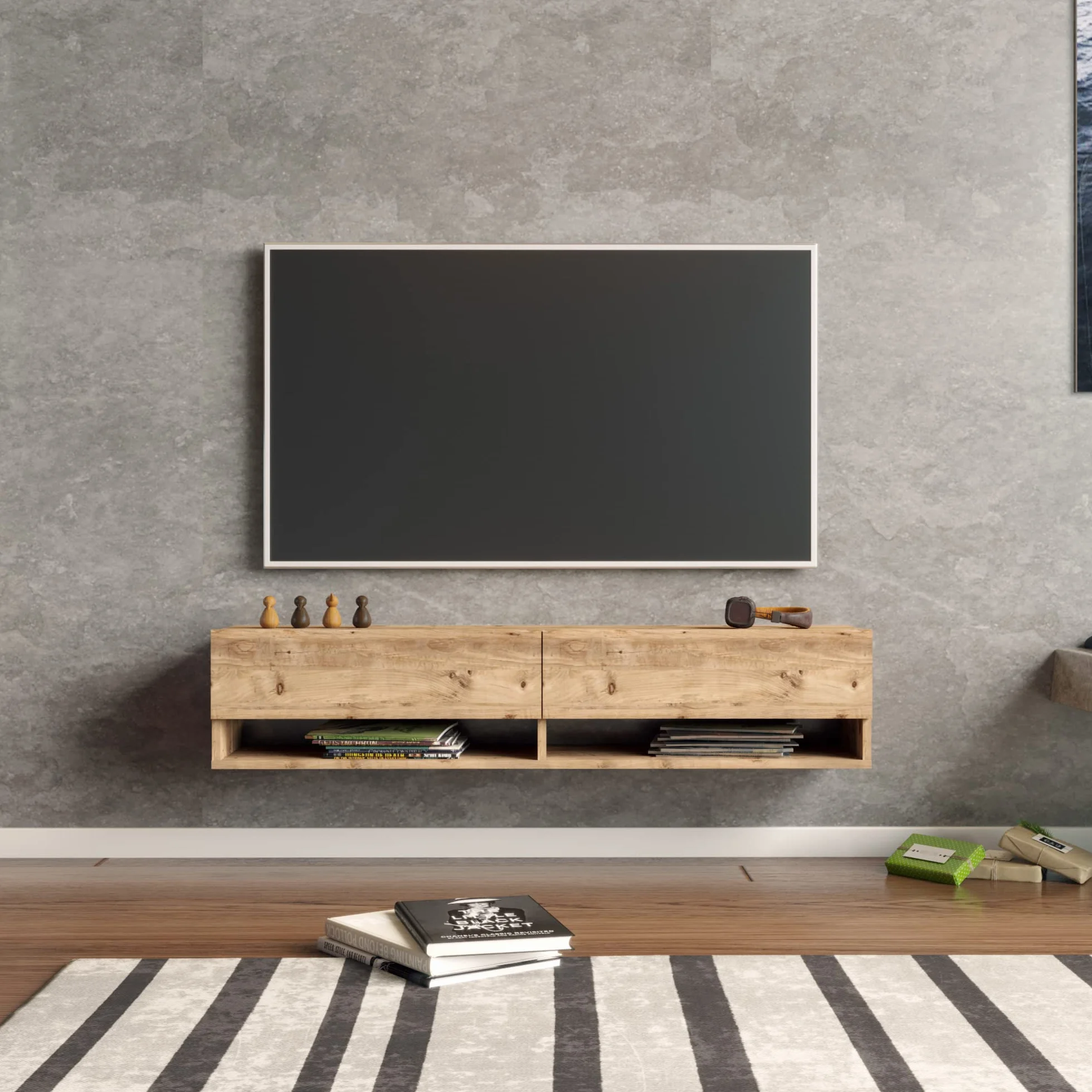 [en.casa] Mueble TV Suspendido con Espacio de Almacenaje Mesa Tele de Pared con 2 Puertas y 2 Estantes Aglomerado 140 x 32 x 30 cm Roble Rústico
