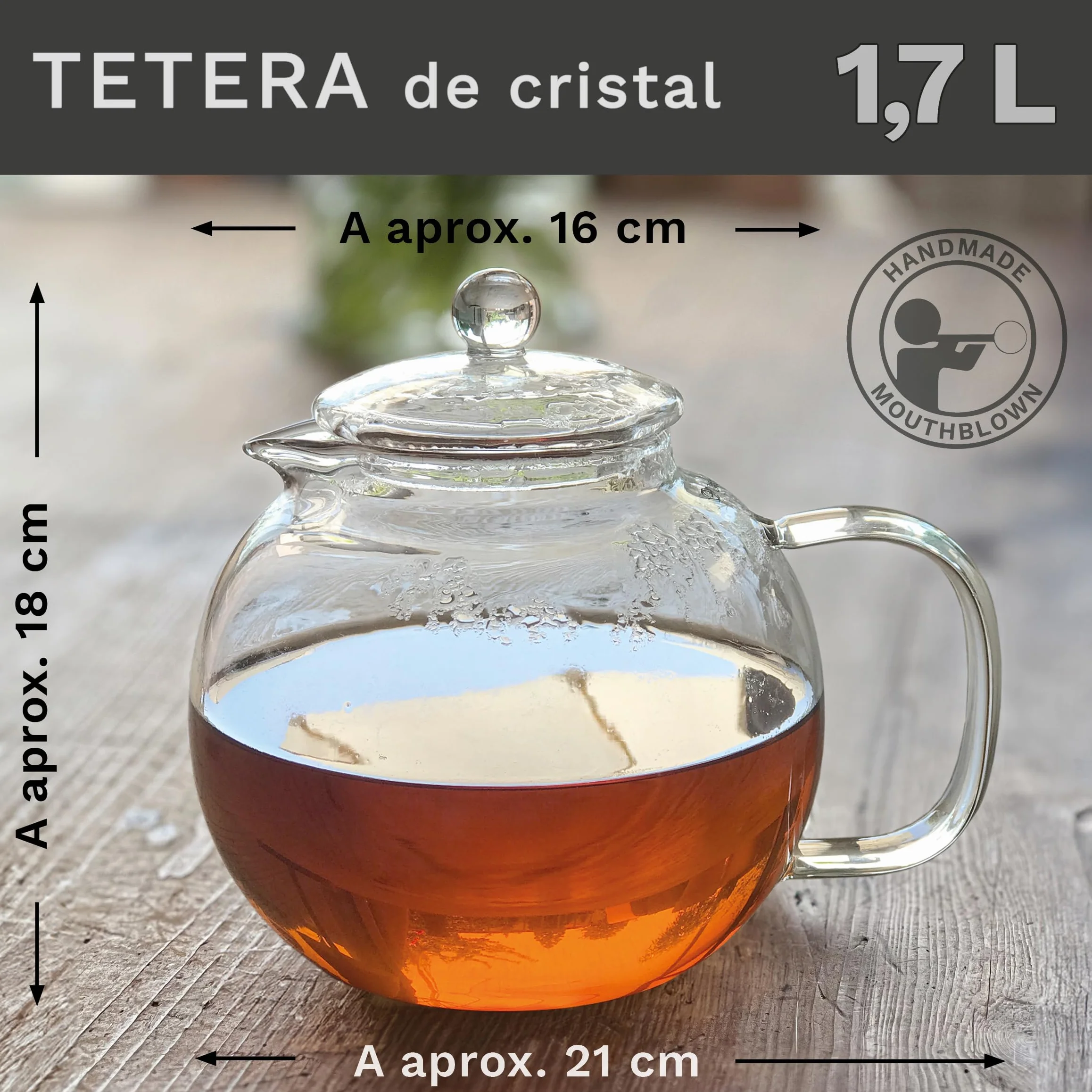 Creano Tetera de Vidrio de Borosilicato 1,7l con Filtro de Acero Inoxidable Extraíble y Boquilla Antigoteo para Té en Rama y Flores de Té