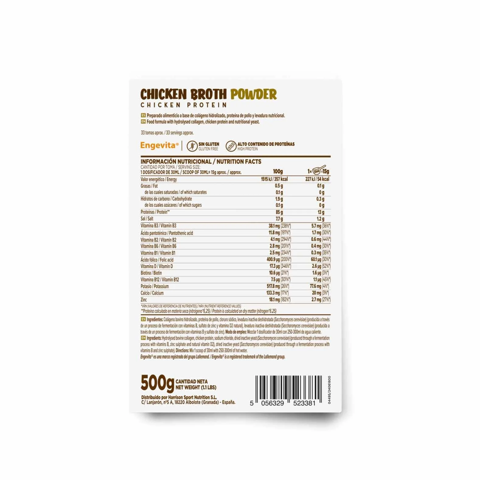 HSN Caldo de Pollo Proteico en Polvo 500g 33 Tomas Alto en Proteínas No-GMO Sin Gluten