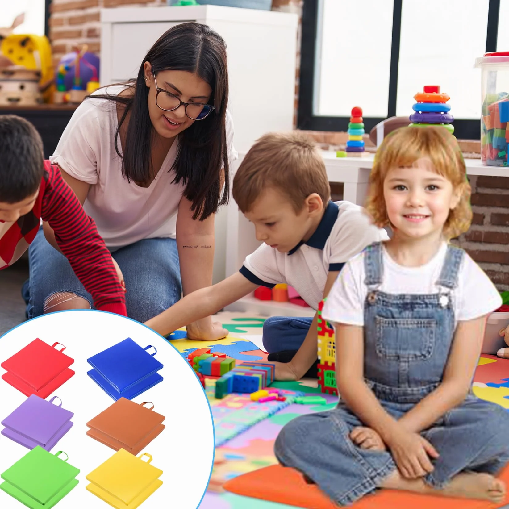Cojines de piso impermeables 12 pulgadas 12 piezas 6 colores con manija asientos flexibles para aula niños