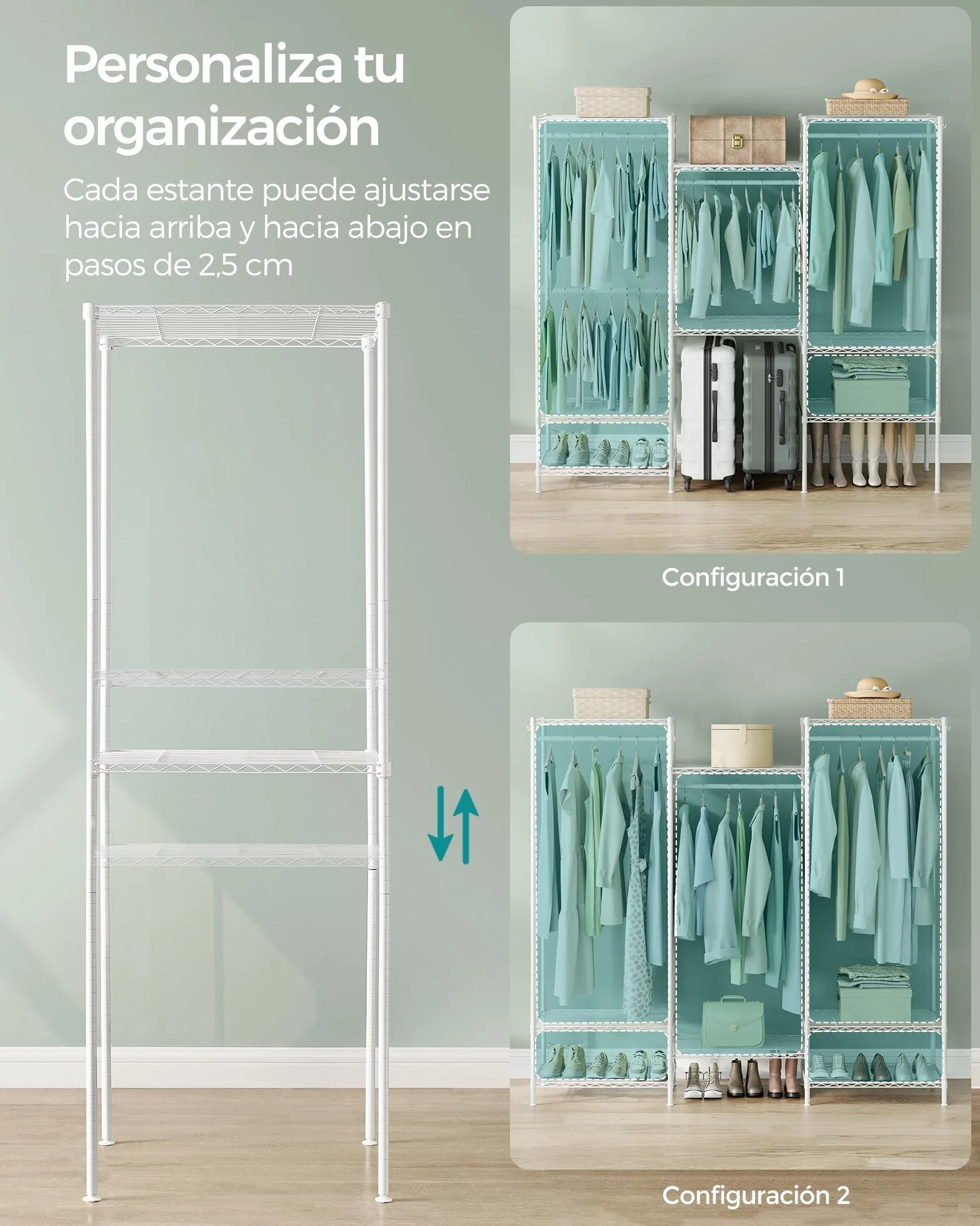SONGMICS Armario de Ropa, Armario de Metal con Estantes Ajustables, Barras para Colgar y Ganchos, Duradero, Perchero Separable, Blanco Nube LGR431W01