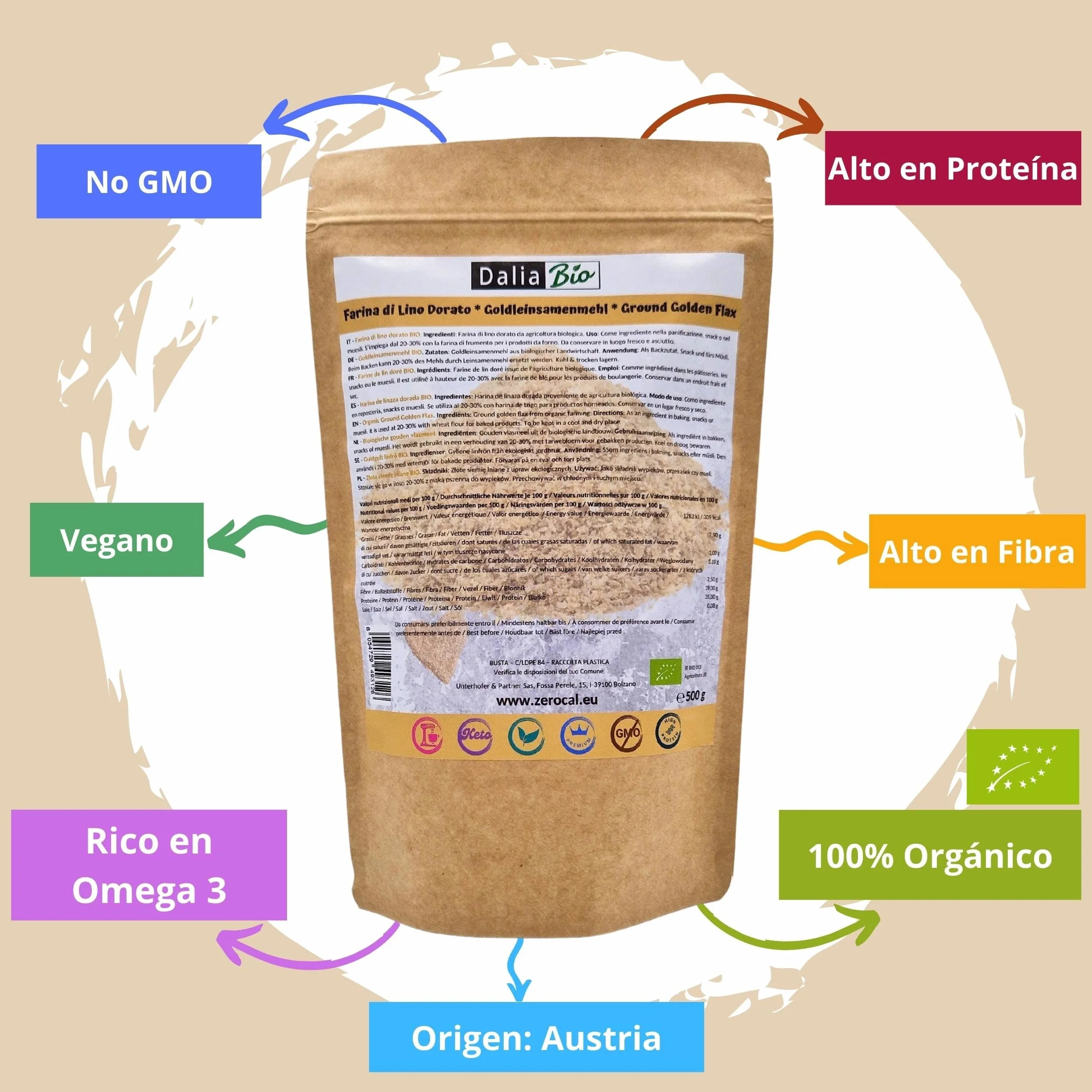 Harina de Lino Orgánica 500g Dalia - Semillas de Lino Dorado Molido, Bajo en Carbohidratos, Rica en Omega 3 y Fibra, Vegano y sin Gluten, 35% Proteína