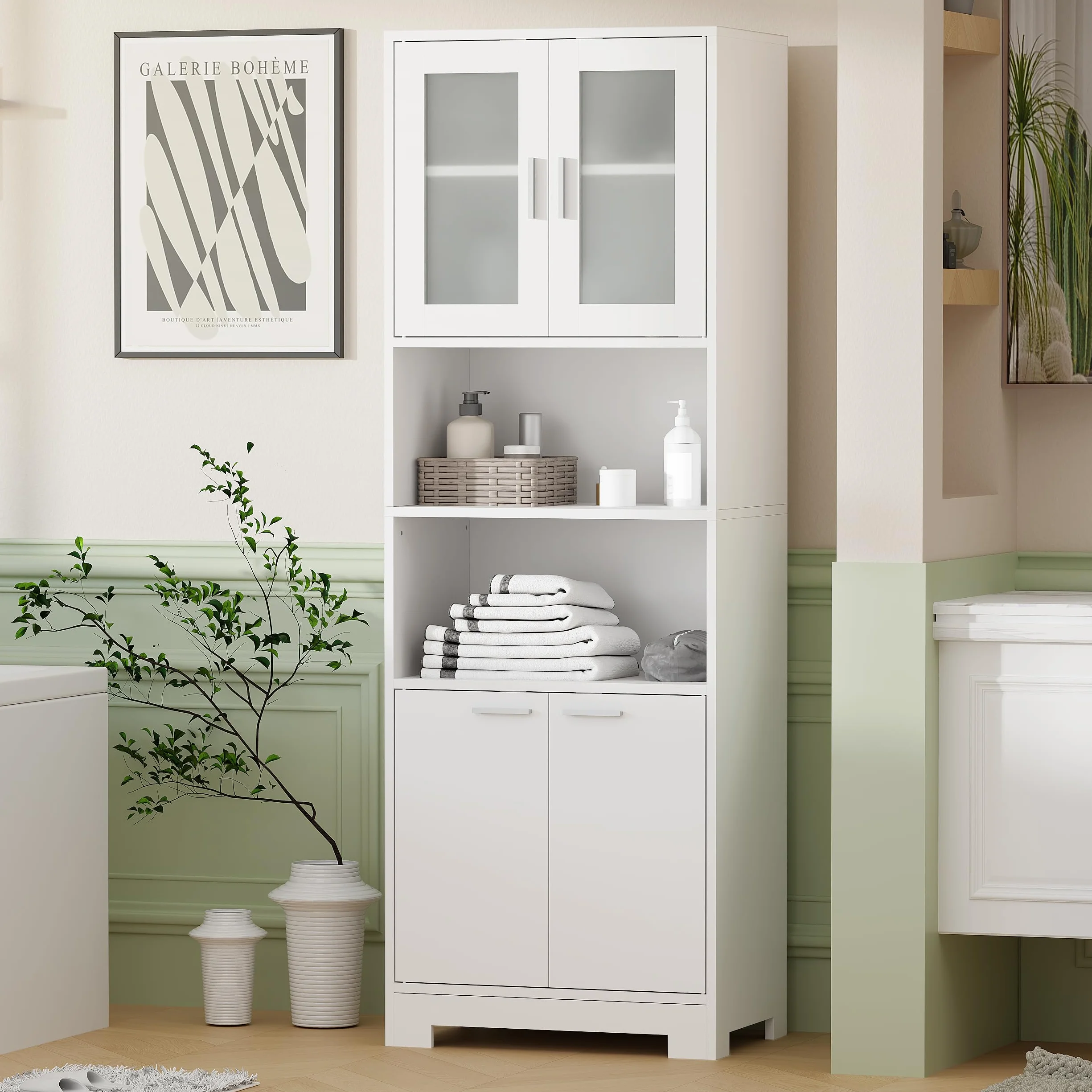 BEWISHOME Armario Alto de Baño 40x60x180 cm Blanco con 2 Estantes Ajustables