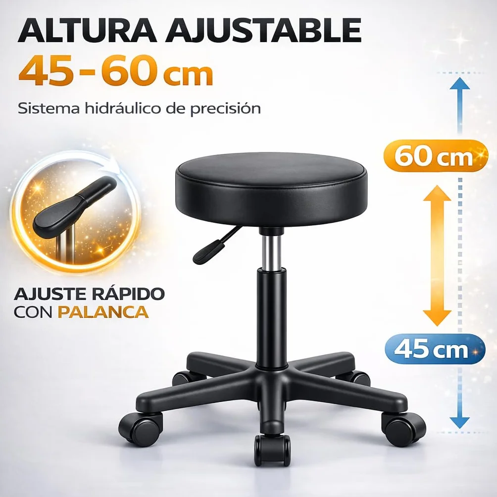 Taburete Giratorio Profesional Ajustable 45-60 cm 135 kg Giro 360° con Ruedas Asiento Acolchado