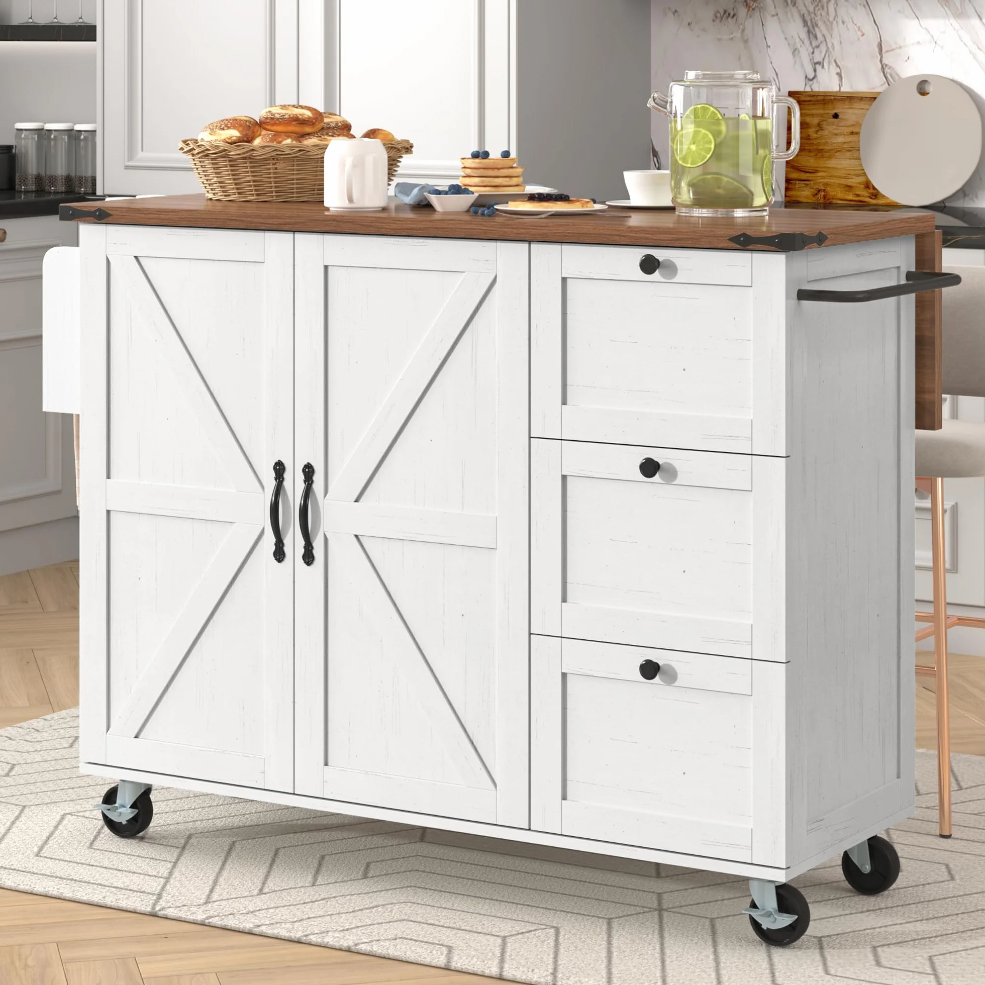 LAKFEW Isla Cocina con Ruedas y Tablero Plegable, Aparador Cocina con 2 Puertas y 3 Cajones, Mueble Auxiliar de Cocina con Estante Ajustable y Toalleros, 140x45(73) x92.5 cm, Beige