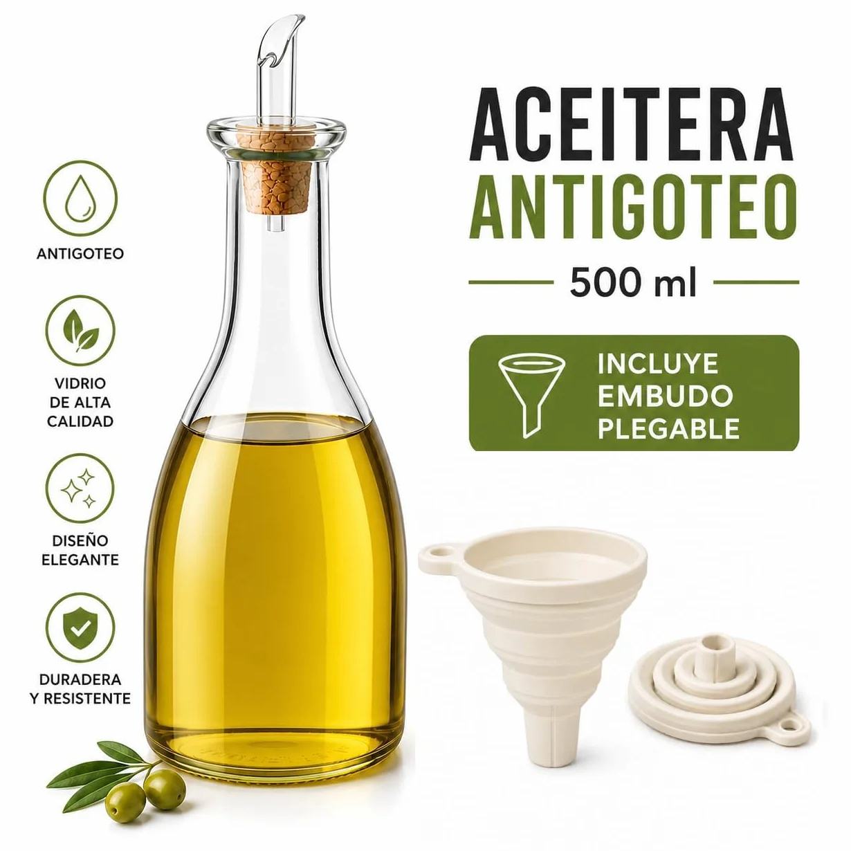 Aceitera Antigoteo 500 ml con Embudo Plegable – Botella de Vidrio con Tapón de Corcho Natural para Aceite y Vinagre