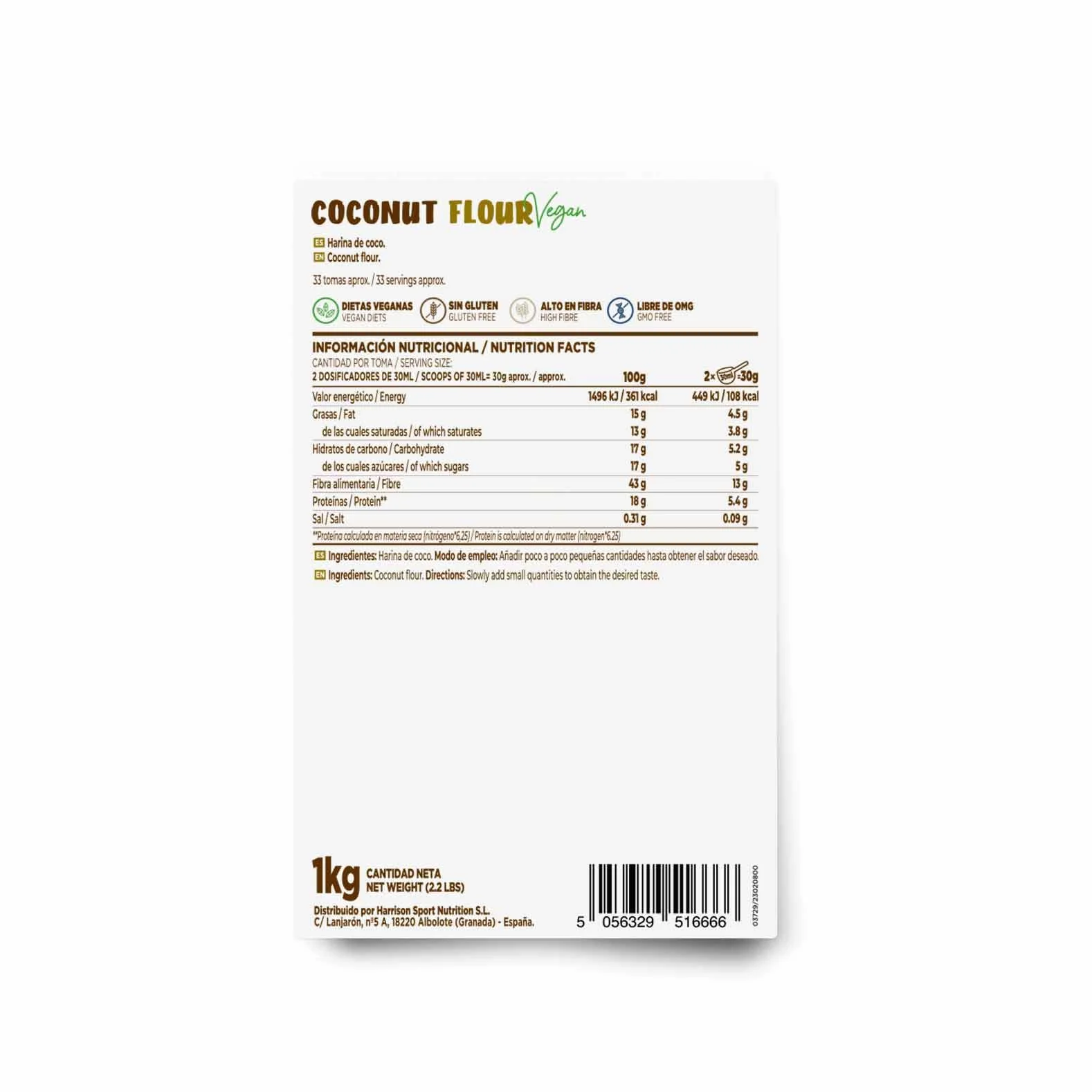 Harina de Coco 1Kg Textura Extra Fina Sin Azúcares Añadidos Vegano Sin Gluten