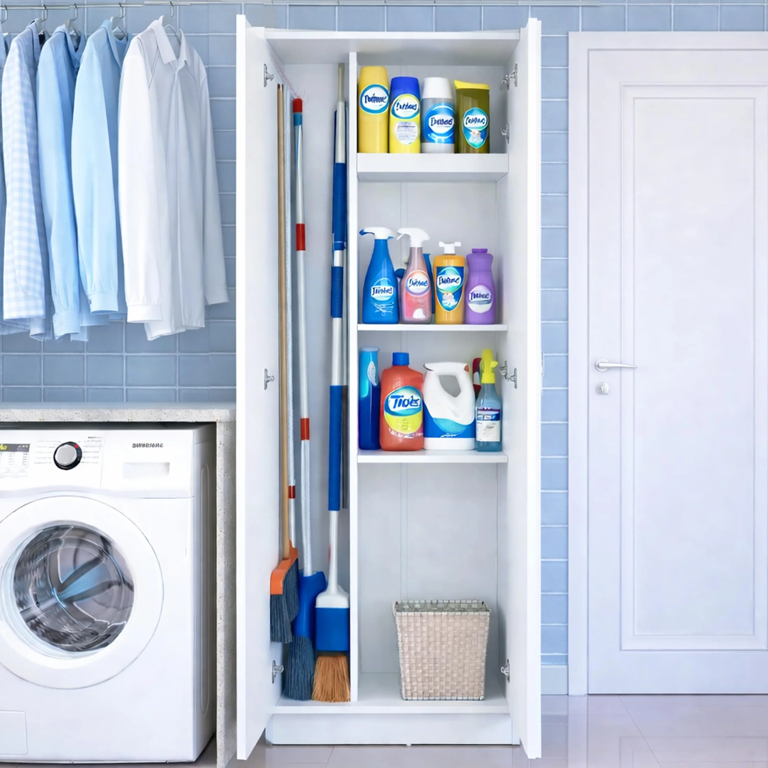 Marctani Armario Escobero Interior Blanco - Mueble Escobero Multiusos con Estante Central Regulable - Capacidad 15kg por Estante - Armario de Limpieza para Despensa o Lavadero