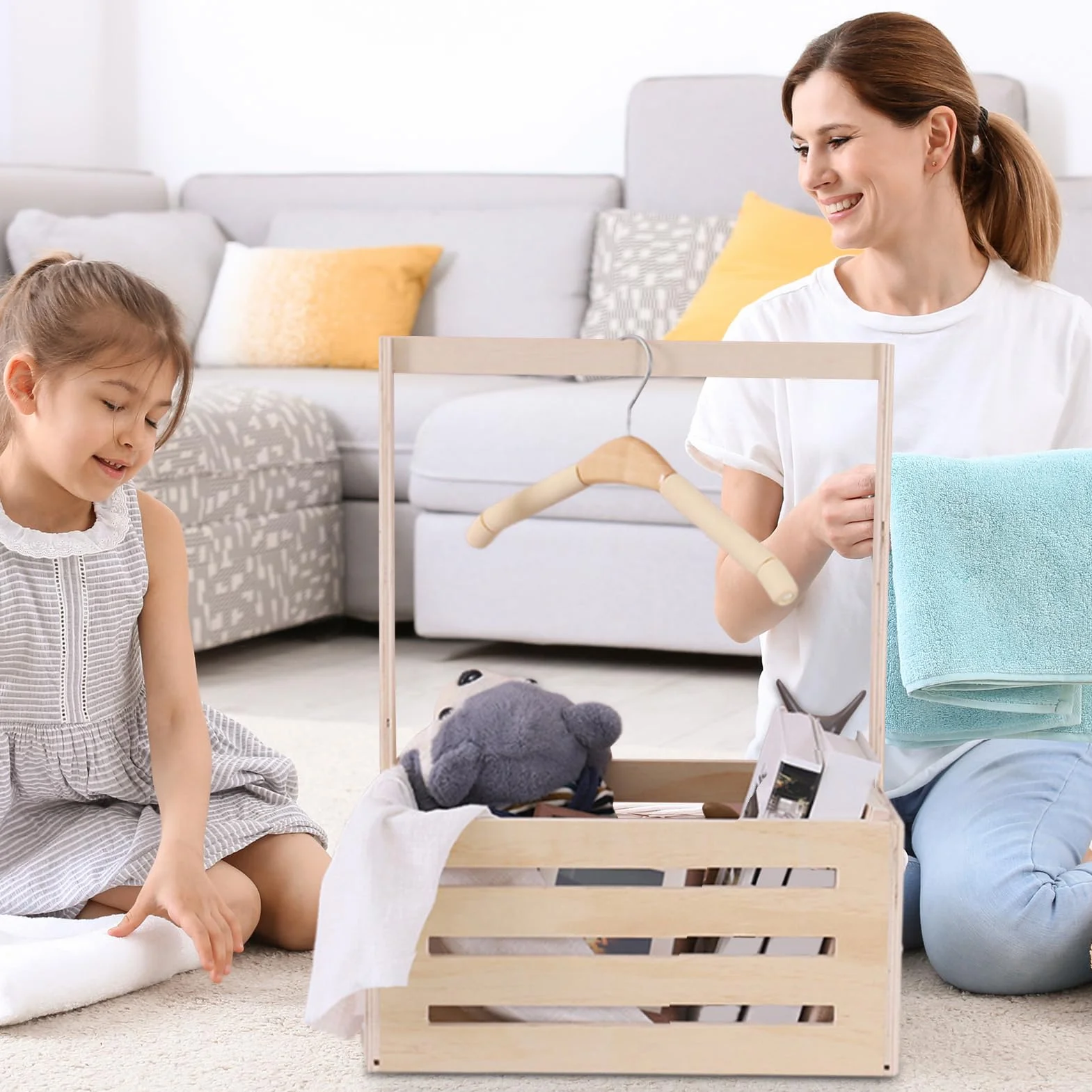 Armario para niños pequeños con asa de madera almacenamiento y cesto para ropa