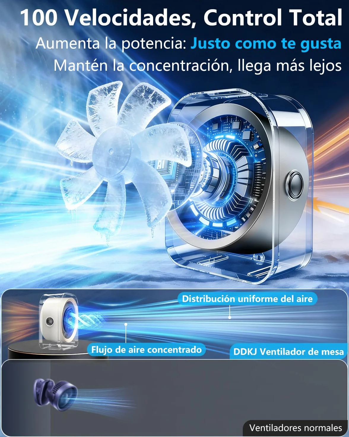 DDKJ Ventilador de Mesa Silencioso USB Recargable 360° 100 Ajustes 15 Horas 2 en 1 Sobremesa/Pared Negro