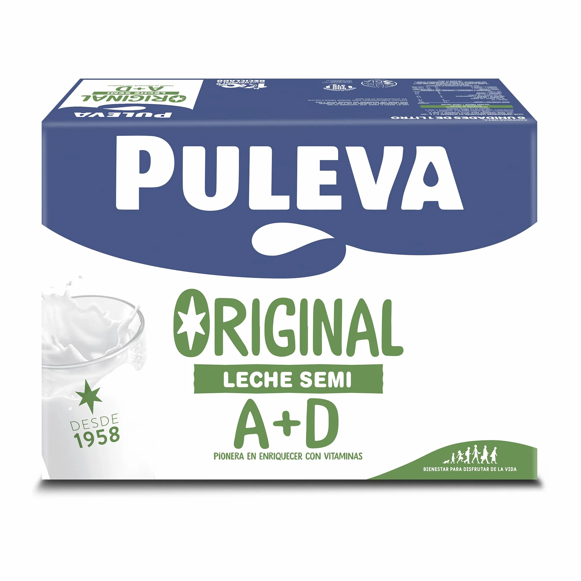 Puleva Original Leche Semidesnatada con Vitaminas A y D Sin Azúcar Añadido Sin Gluten Brik UHT Pack 6 x 1L