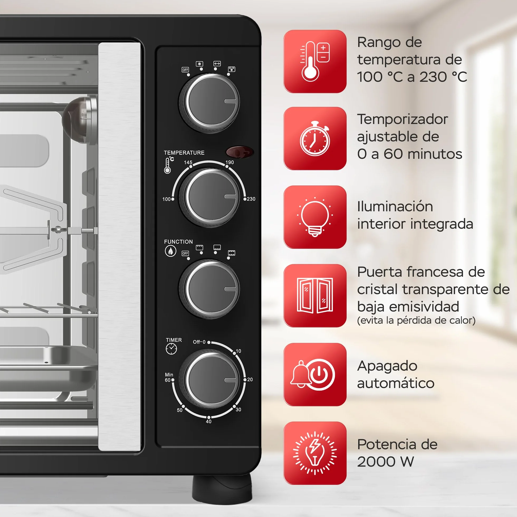 TurboTronic Mini horno con recirculación de aire 45L 2000W negro pincho giratorio temporizador