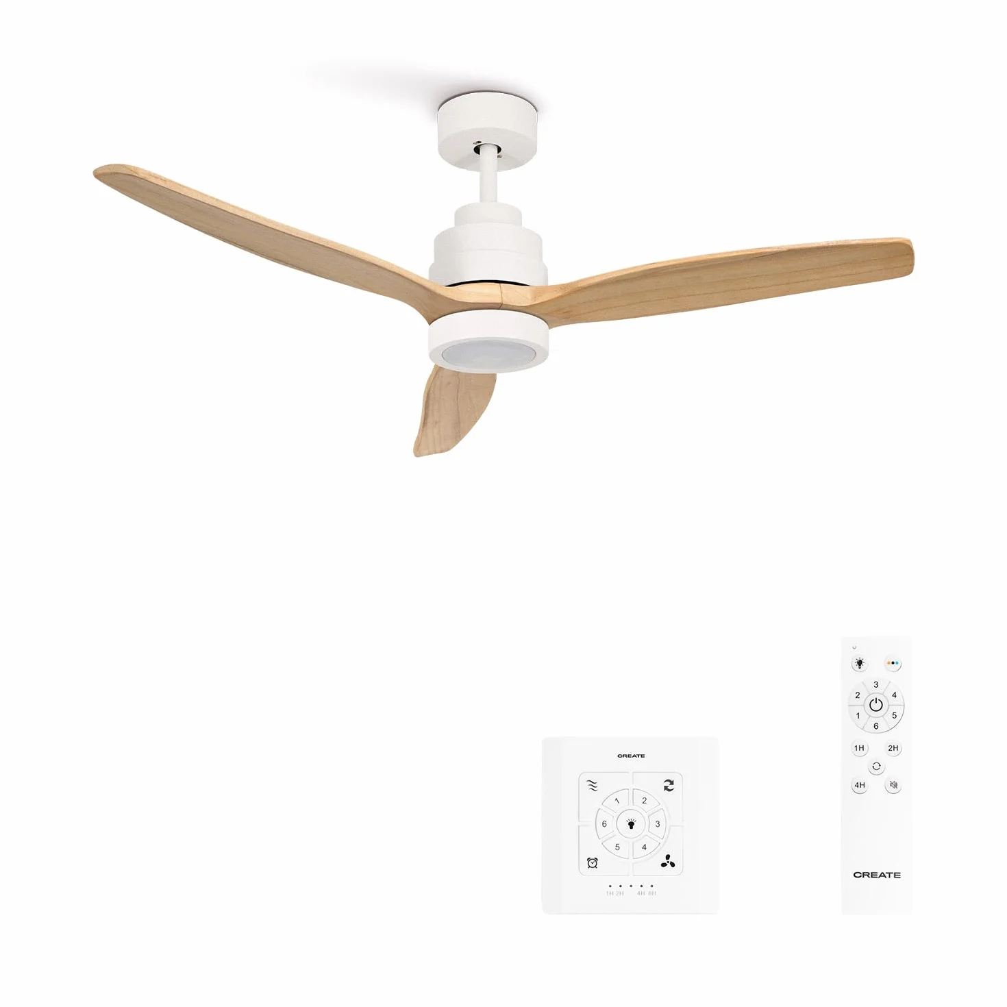 CREATE/ WINDSTYLANCE NATURAL WOOD S/Ventilador de techo con luz blanco aspas madera clara con controlador pared y mando / 40W, Temporizador, Ø112 cm, función verano-invierno, doble altura