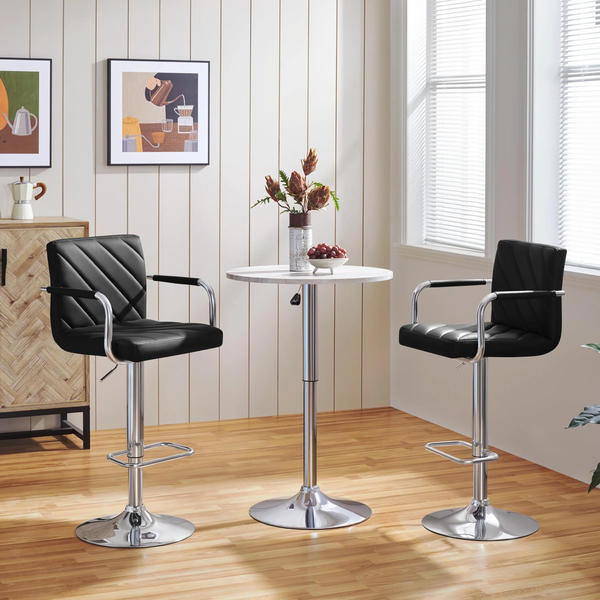 Yaheetech Juego de 2 Taburetes de Bar de Polipiel Sillas de Bar Giratorias de Altura Ajustable con Respaldo Reposapiés Reposabrazos para Bar Cocina Hogar Negro
