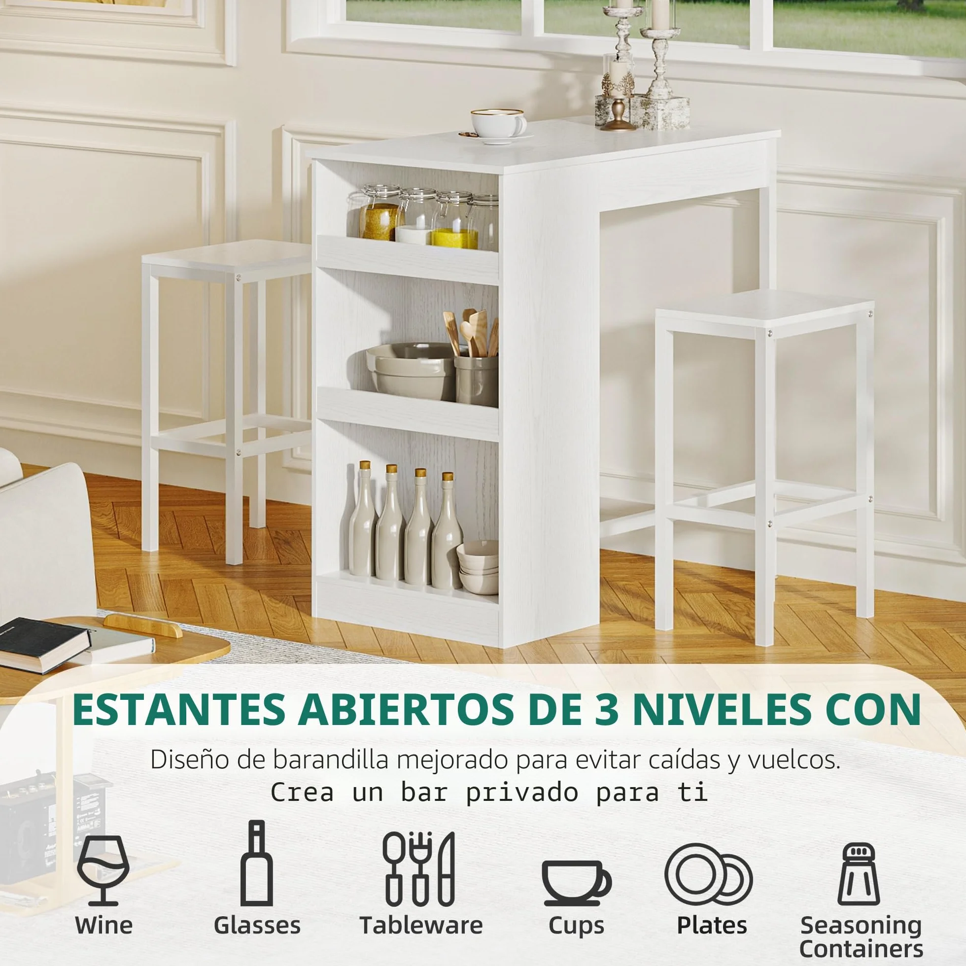 YITAHOME Juego de Mesa de Bar con taburetes de Bar, Mesa de Bar de 3 Piezas, Mesa de Comedor con 2 taburetes, 3 estantes, Taburete de Bar con Marco de Metal, Blanco