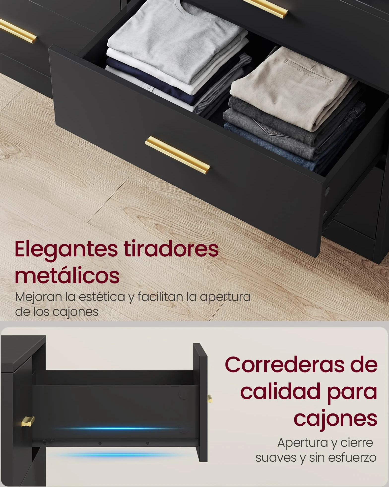 VASAGLE Custos Colección - Cómoda para Dormitorio, con LED y Regleta de Enchufes, Mueble Moderno para TV de Salón, 6 Cajones, 40 x 119 x 81,2 cm, Negro Tinta LTS316BC01