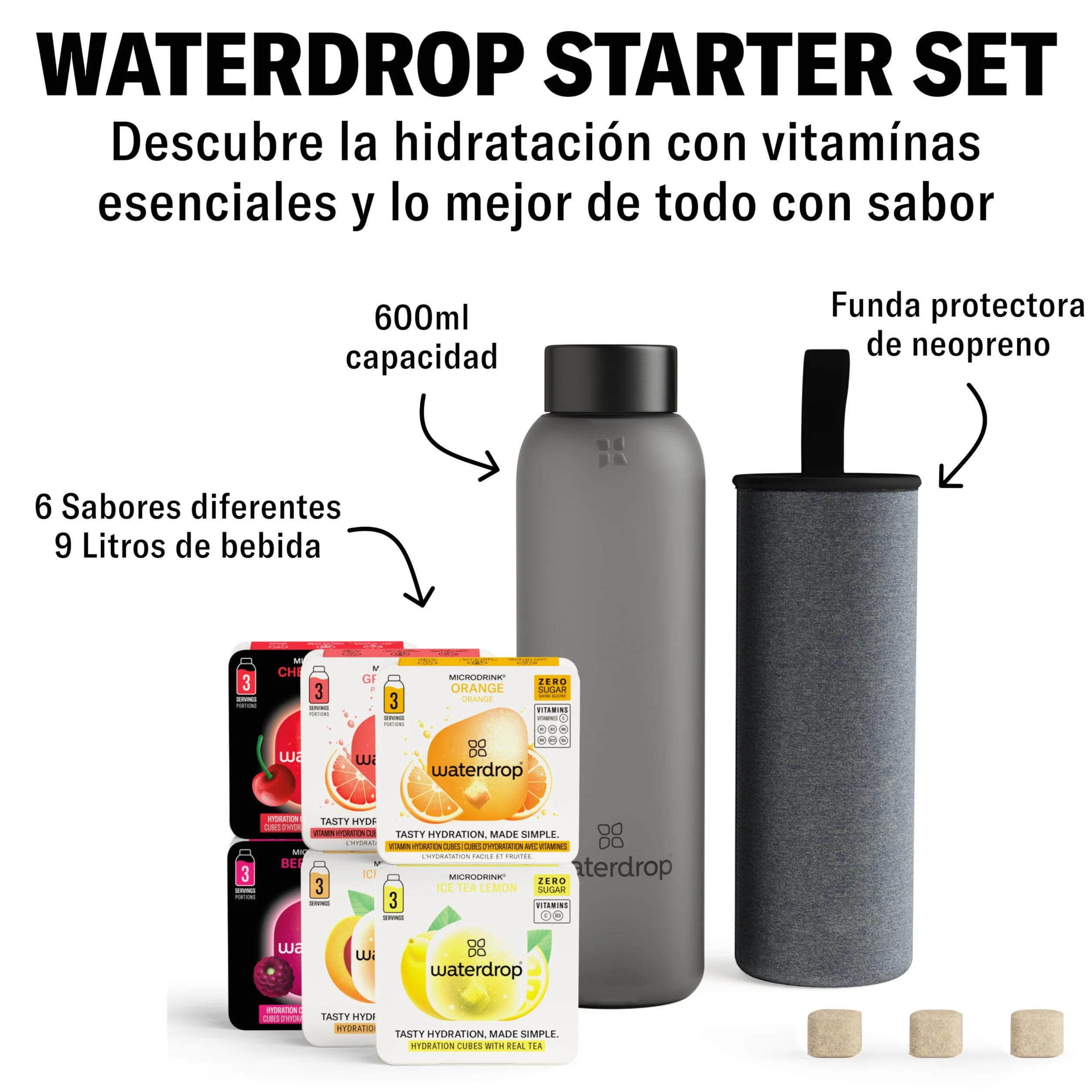 Waterdrop Starter Set, Botella de Vidrio 600ml + 18 Cubos Microdrinks, Saborizantes para Agua, 0 Azúcar