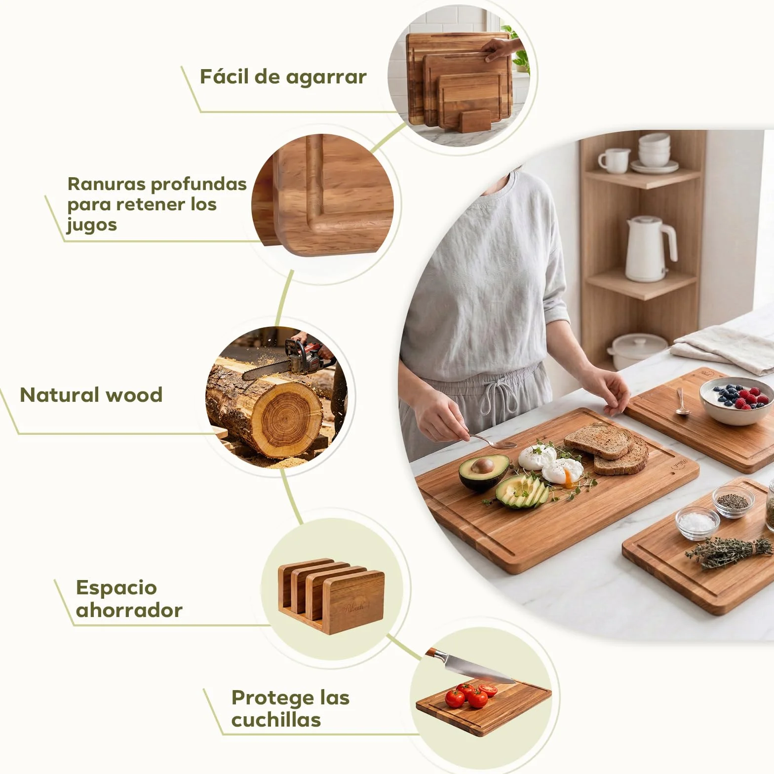 Set de Tablas de Cortar de Madera de Acacia Sólida 3 Piezas con Soporte 40x30cm 33x24cm 26x18cm