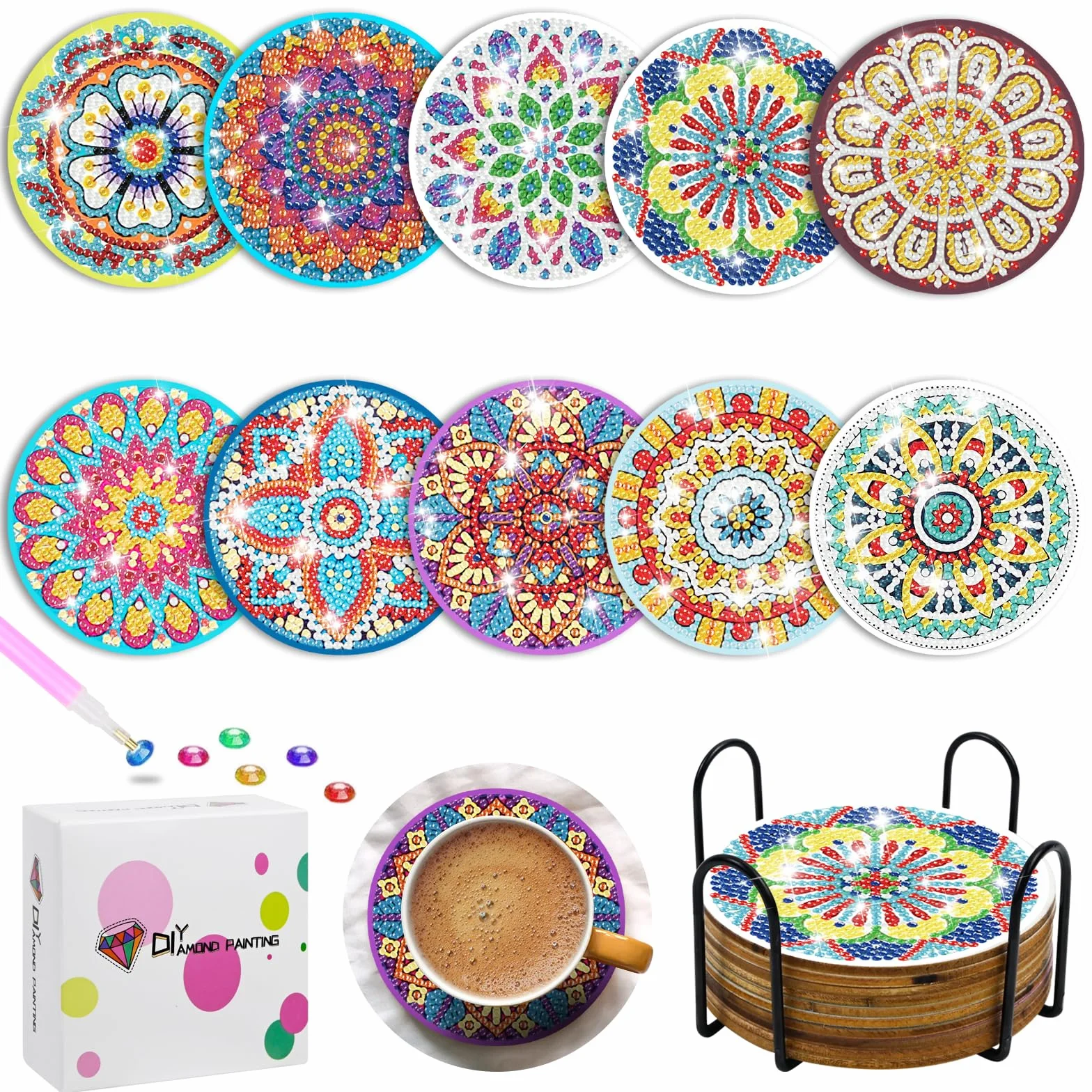 Posavasos con Soporte Antideslizantes Mandala Pintura Diamantes 10PCS Regalo Inauguración