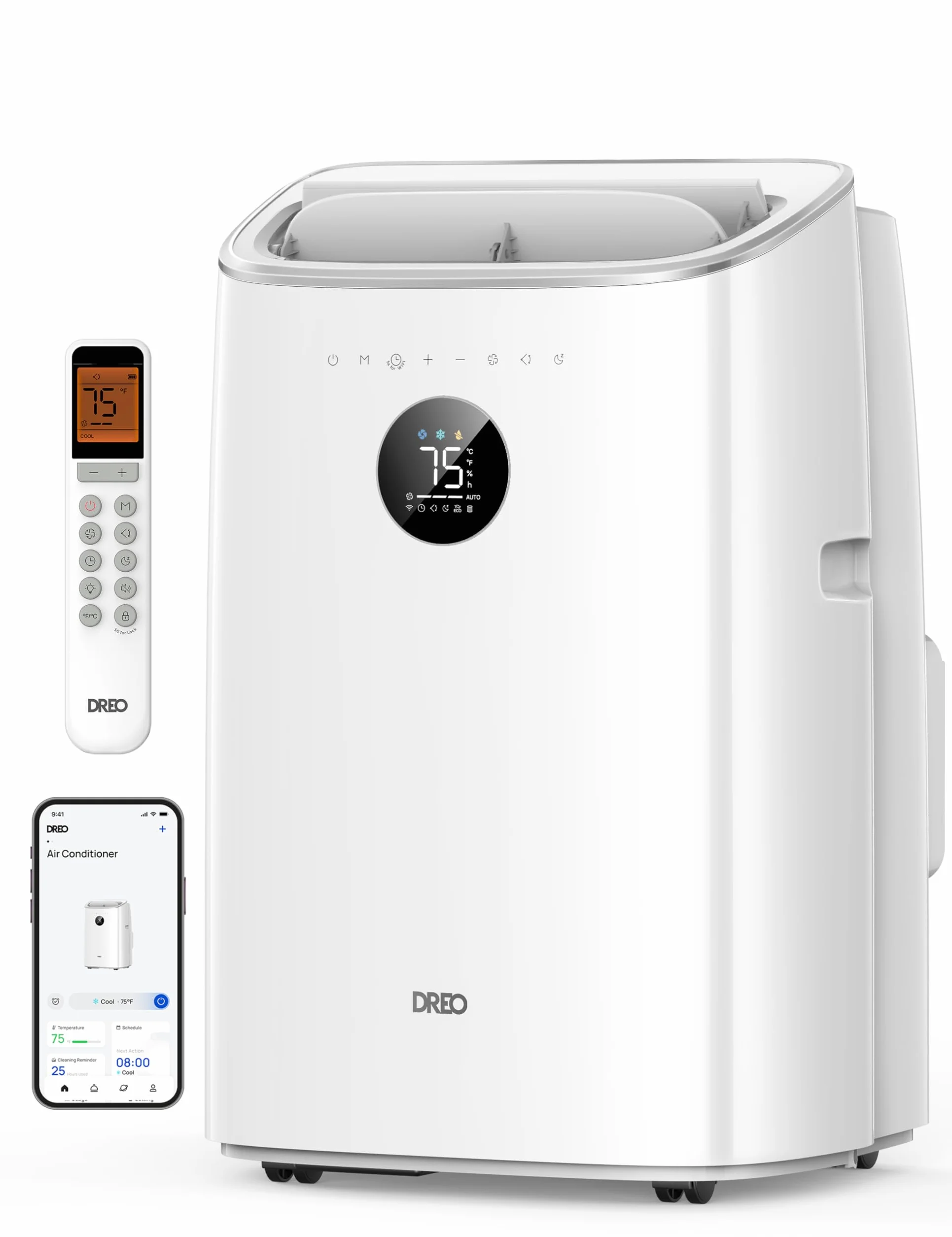 DREO aire acondicionado portátil 7500 BTU 3-en-1 refrigeración/ventilación/deshumidificación, silencioso para dormitorio u oficina, control por app y voz, sin drenaje, kit ventana, 2,5 L/h, AC318S