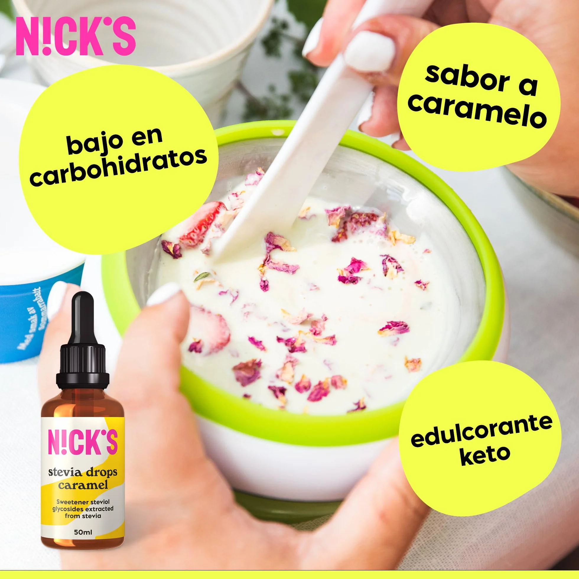 NICKS Stevia Líquida Gotas Caramelo 50ml Edulcorante Cero Calorías Dieta Keto Sin Azúcar Sin Gluten Low Carb