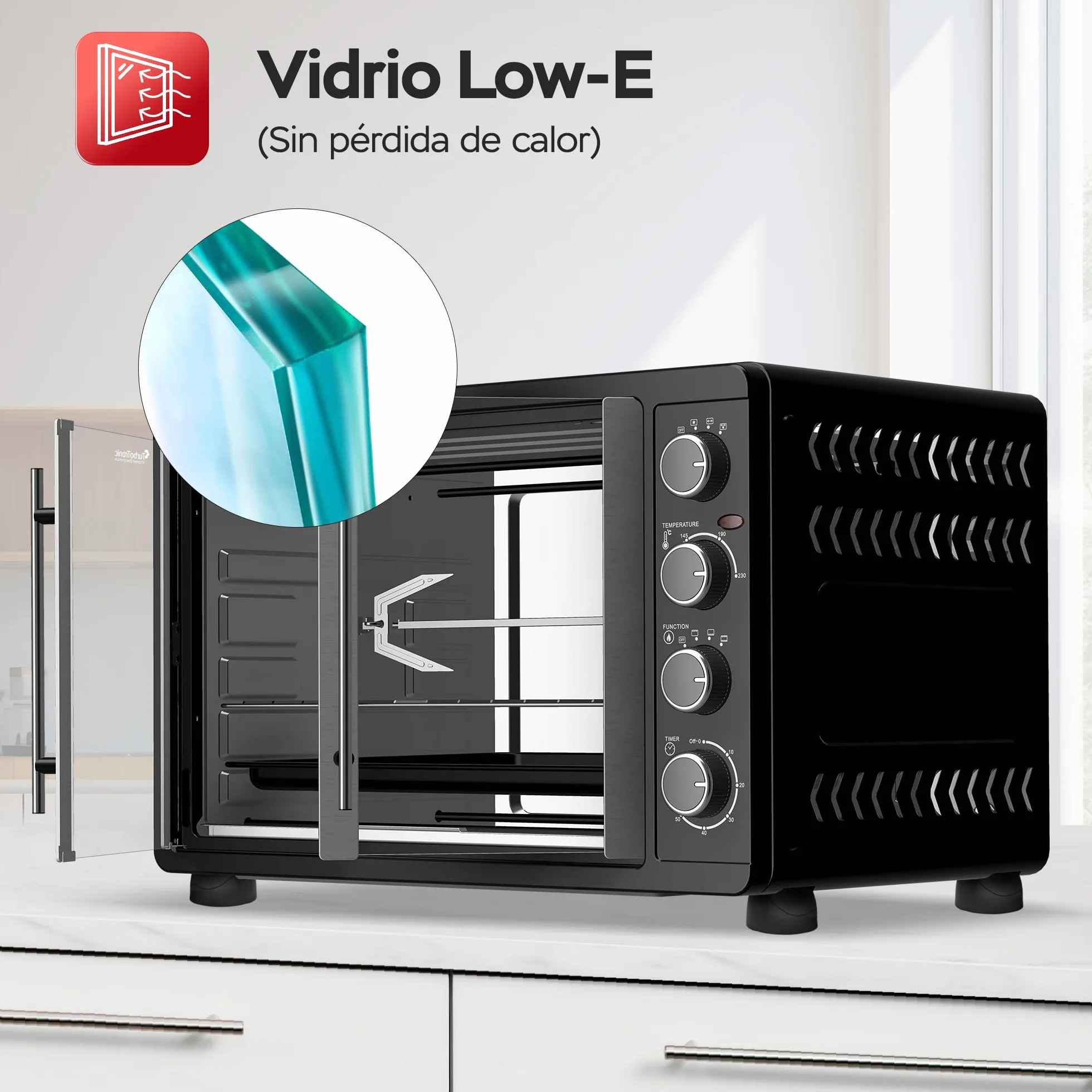 TurboTronic Mini horno con recirculación de aire 45L 2000W negro pincho giratorio temporizador