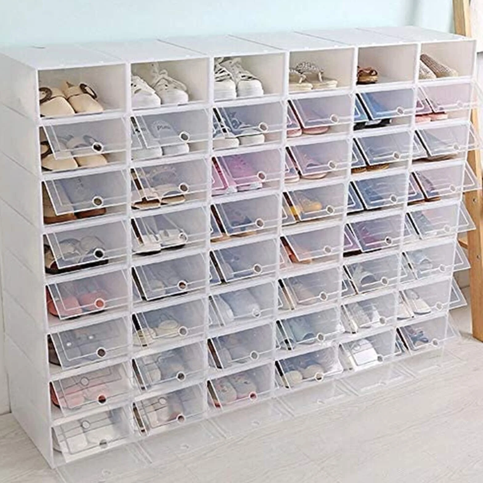 Caja de almacenaje de zapatos de plástico transparente con tapa, caja de zapatos de plástico a prueba de polvo y apilable