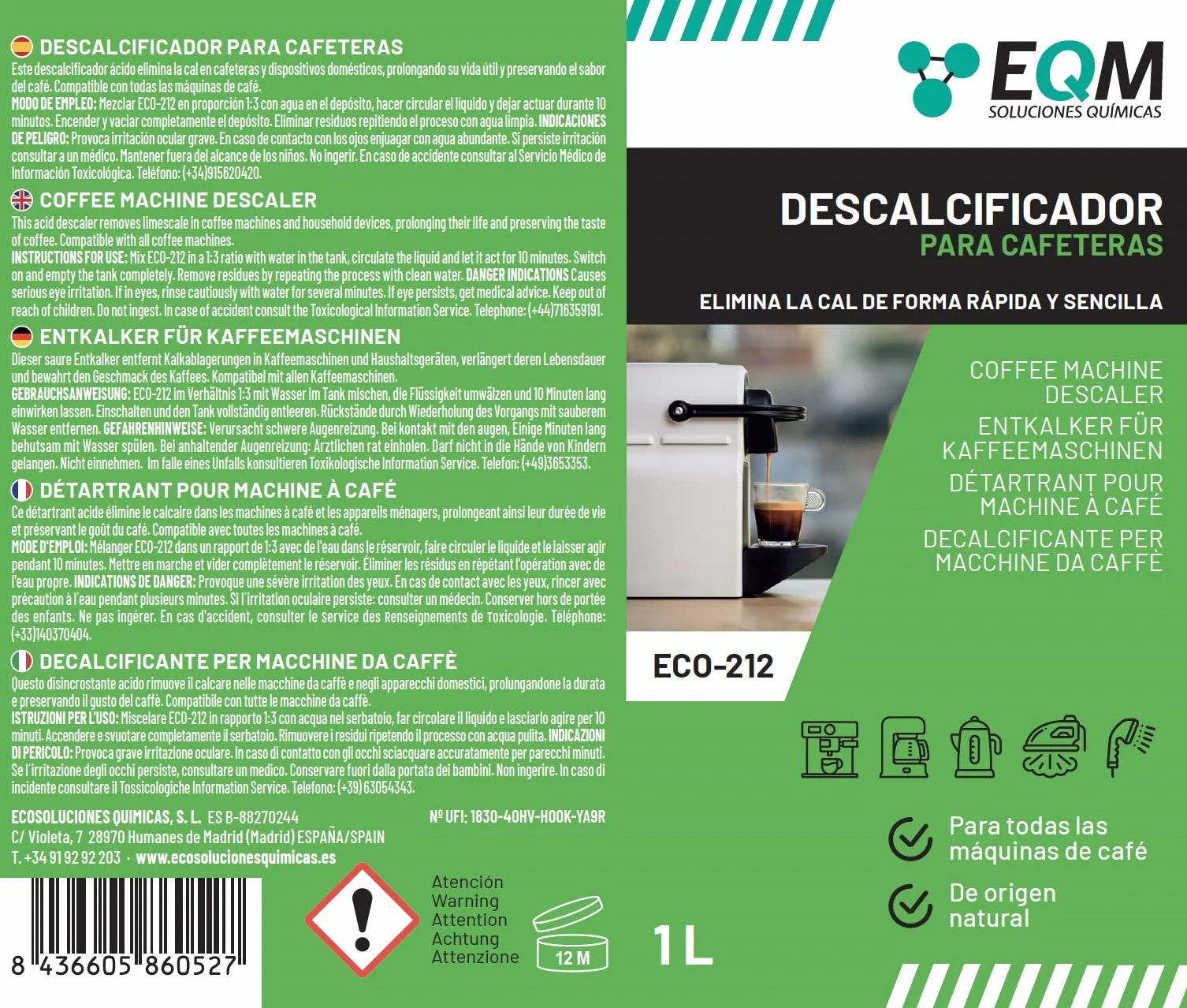 Descalcificador para Cafeteras 1L Origen Natural 100% Compatible con Todas las Máquinas de Café