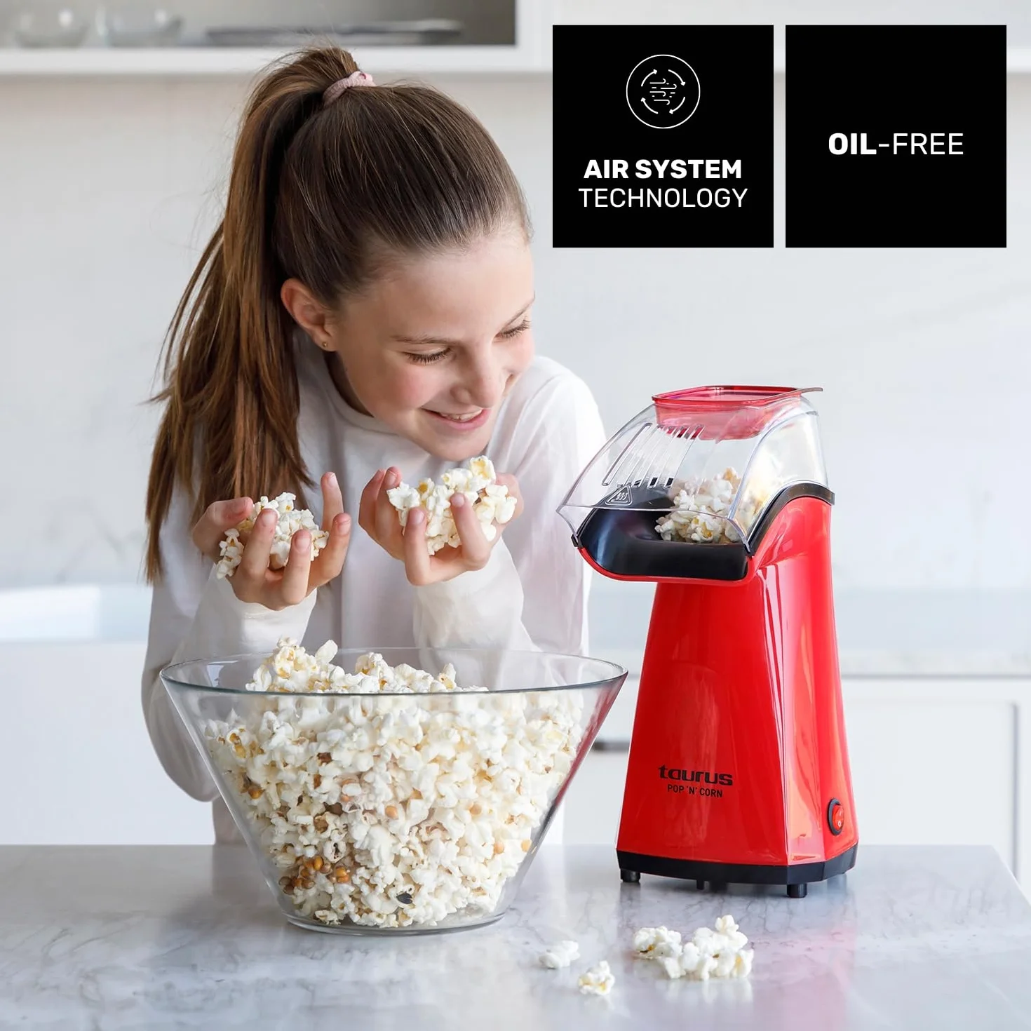 Taurus Pop'N'Corn Palomitero Eléctrico 1100W Aire Caliente Sin Aceite Compacto Rojo