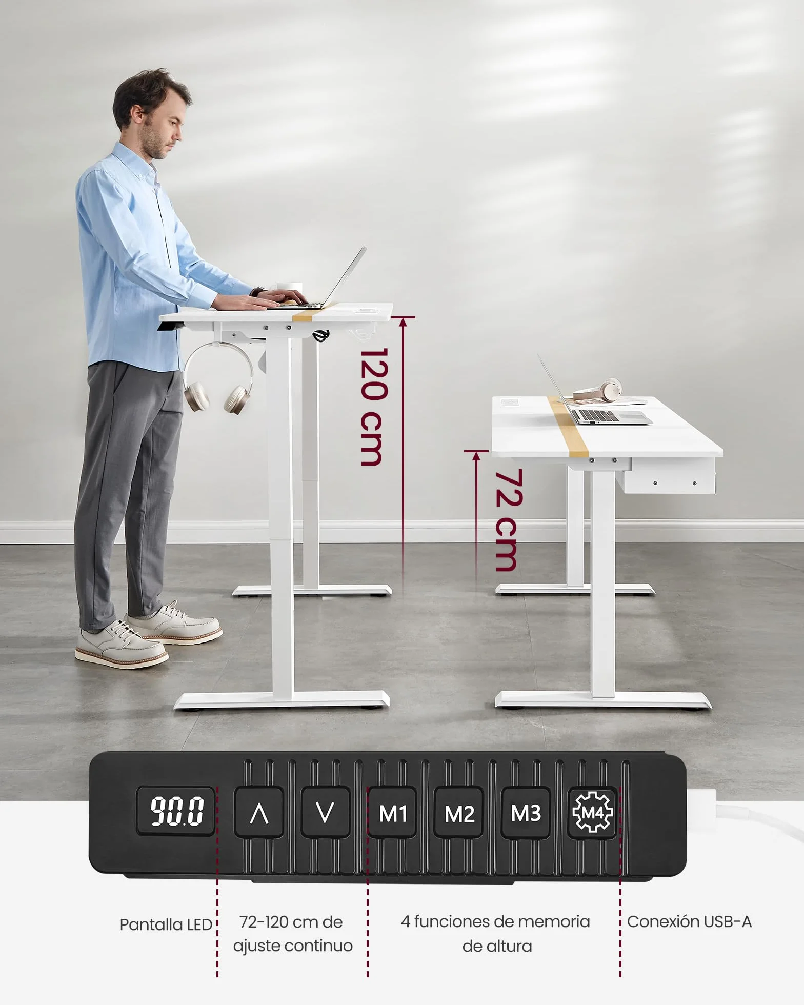 VASAGLE Escritorio Regulable en Altura 140x60 cm Mesa Eléctrica con Enchufe y Cajón Blanco